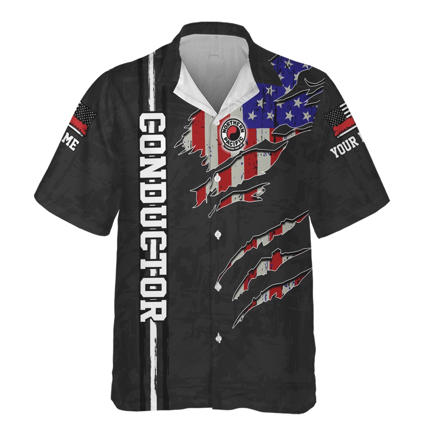 Railspirit Personalized Northern Pacific Railway Hawaiian Shirt USA Flag Claw Art with Custom Job Train Shirt