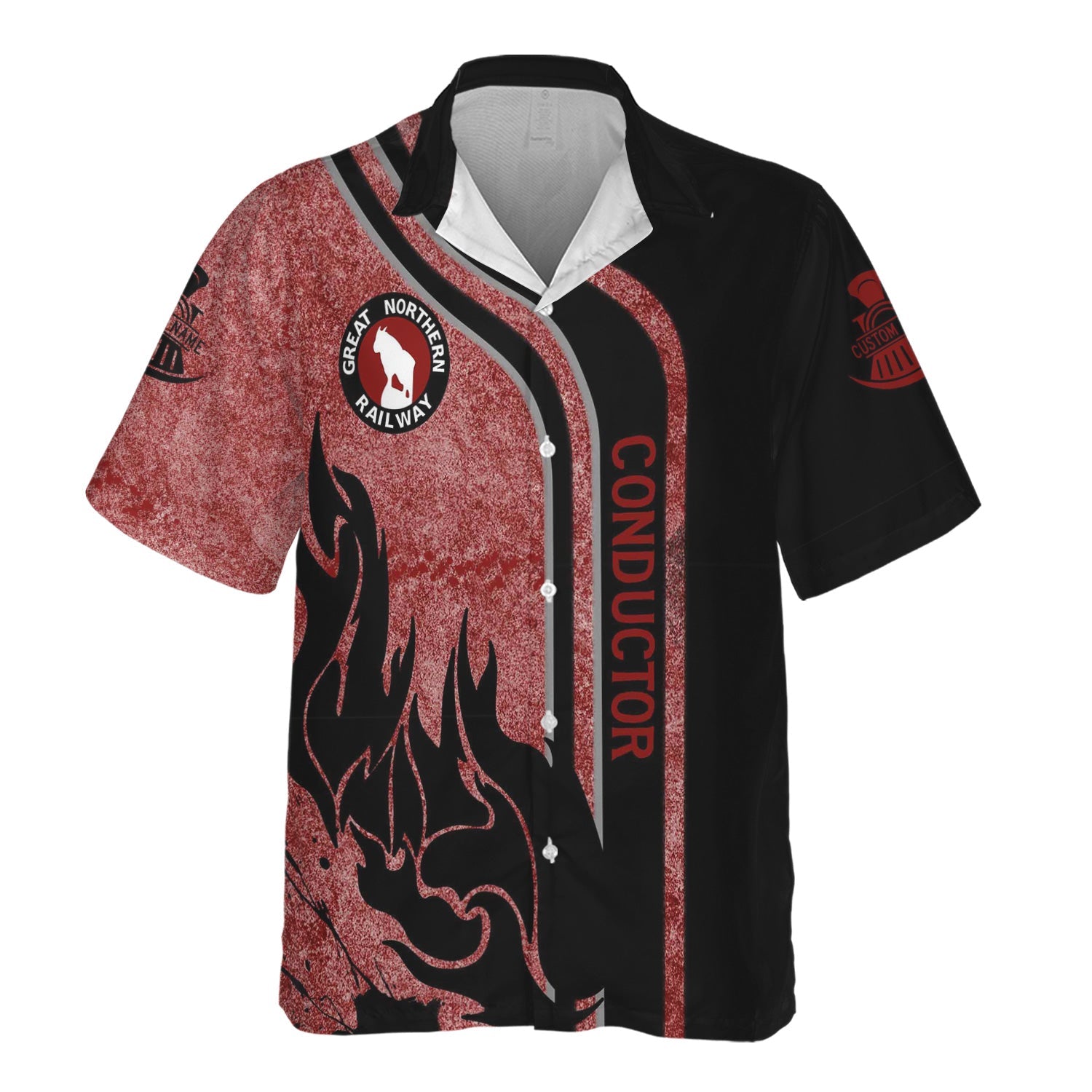 Railspirit Personalized Great Northern Railway Hawaiian Shirt Flame Design with Custom Job Position GNR Train Shirt