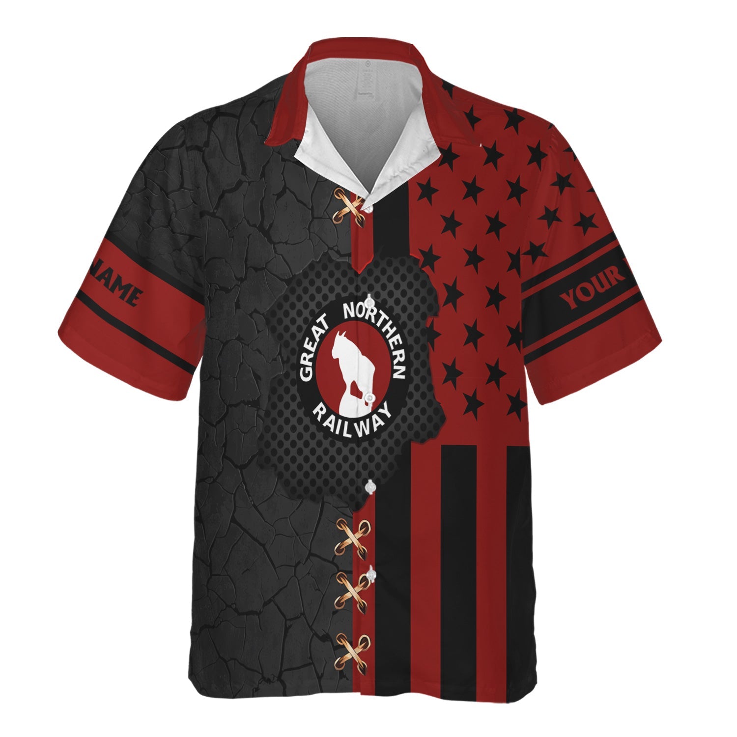 Railspirit Personalized Great Northern Railway Hawaiian Shirt American Flag with Crack Effect GNR Train Shirt