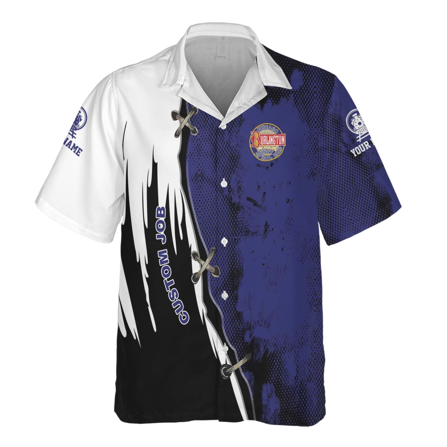 Railspirit Personalized Chicago, Burlington and Quincy Railroad Hawaiian Shirt Retro Stitches Design with Custom Position Train Shirt