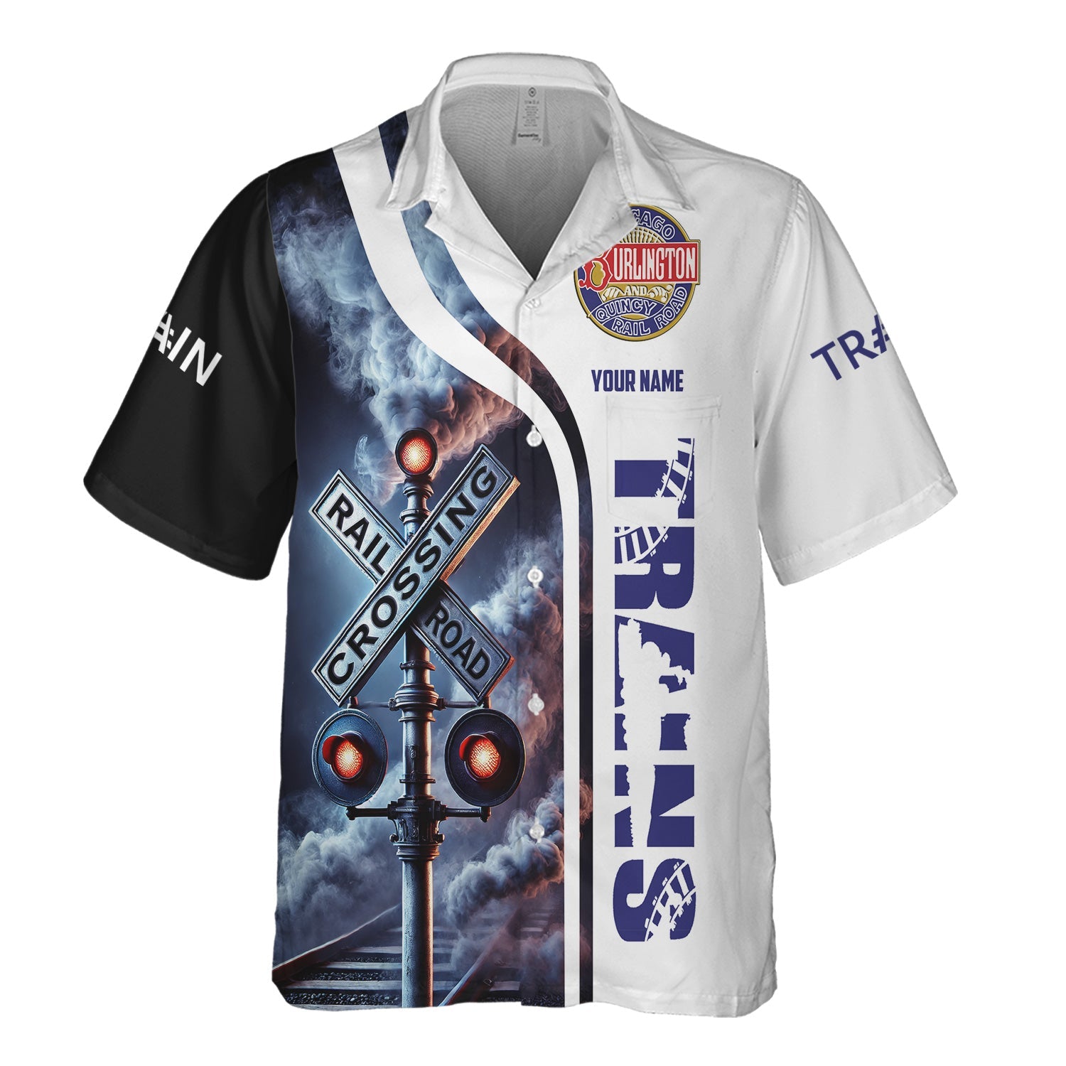 Railspirit Custom Name Chicago, Burlington and Quincy Railroad Hawaiian Shirt Railroad Crossing Sign Printed Train Shirt