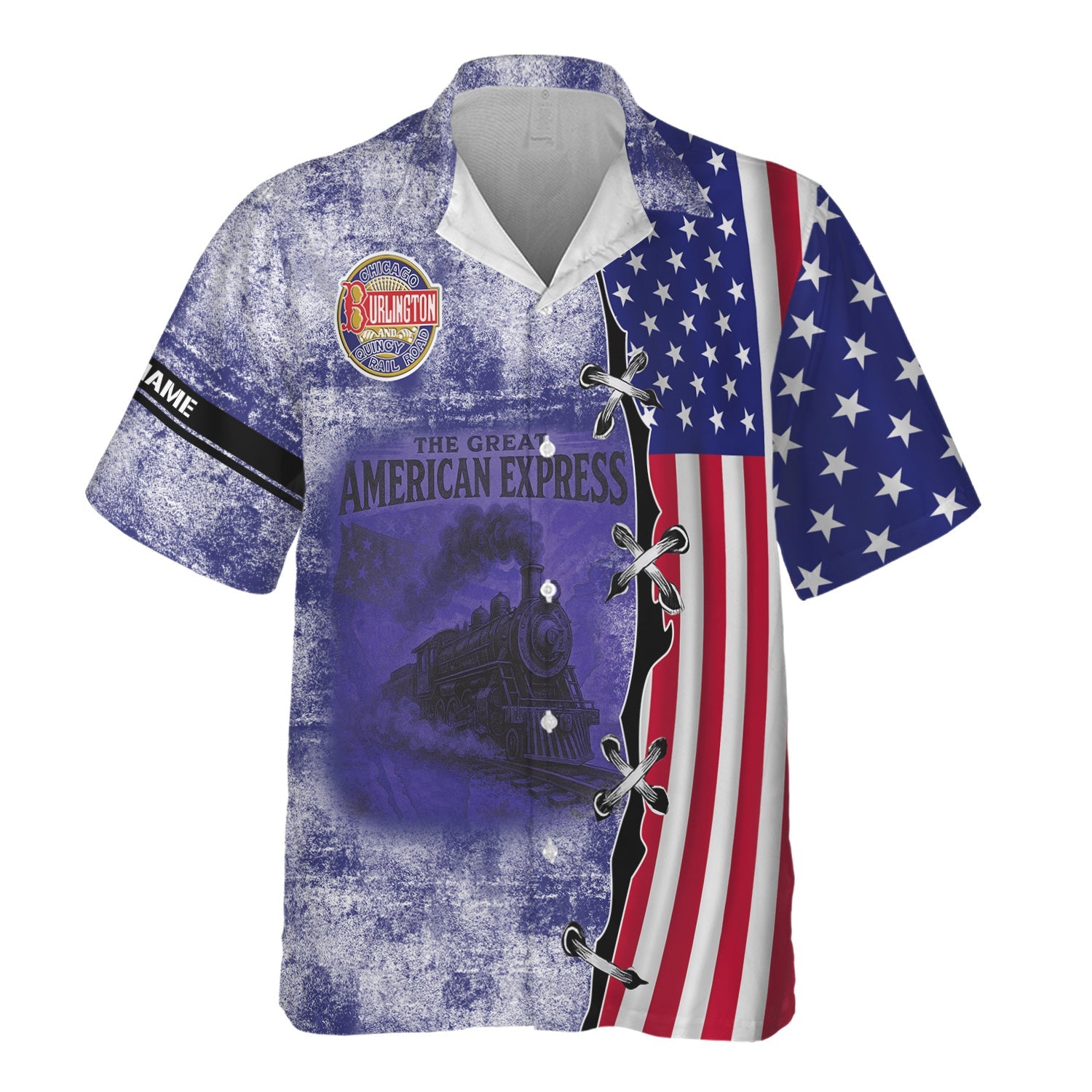 Railspirit Personalized Chicago, Burlington and Quincy Railroad Hawaiian Shirt Retro American Express Train With USA Flag Shirt
