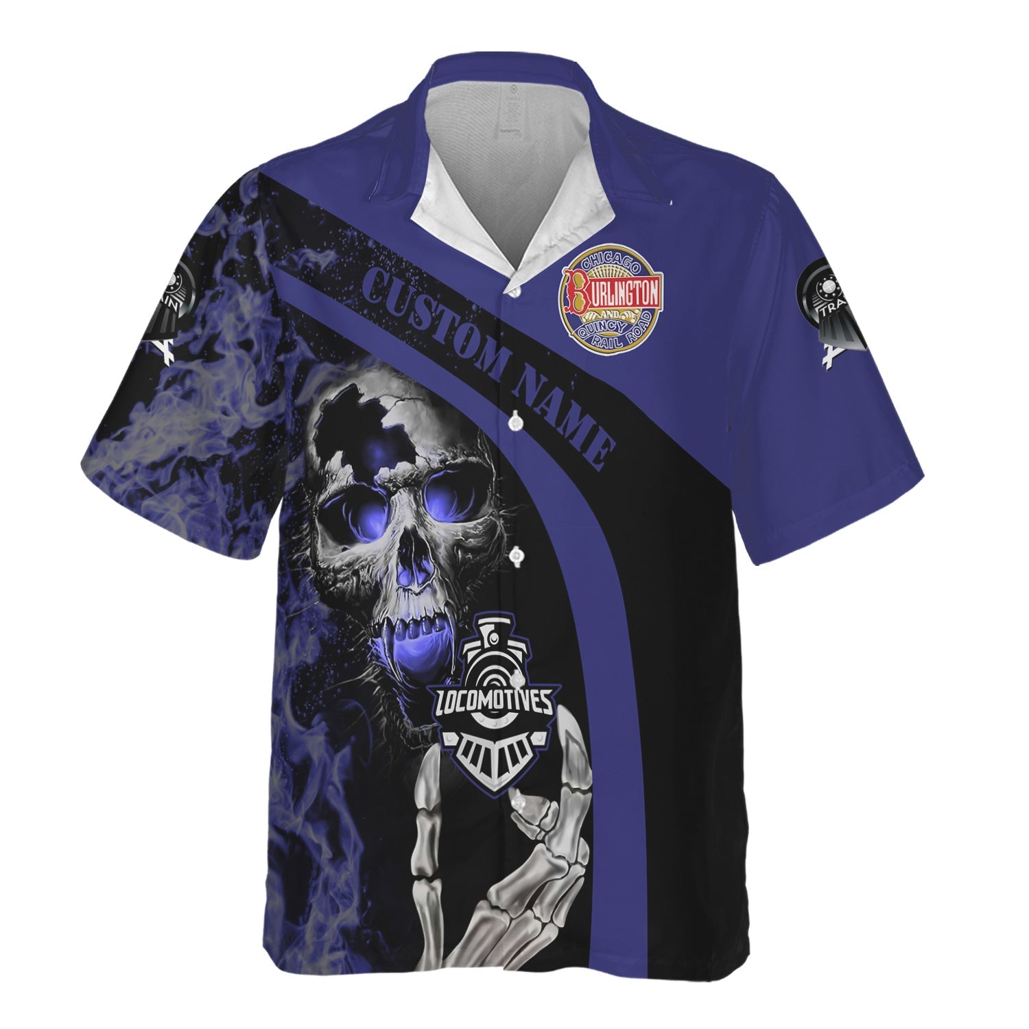 Railspirit Personalized Chicago, Burlington and Quincy Railroad Hawaiian Shirt Flame Skull Design Train Shirt for Locomotive Fans