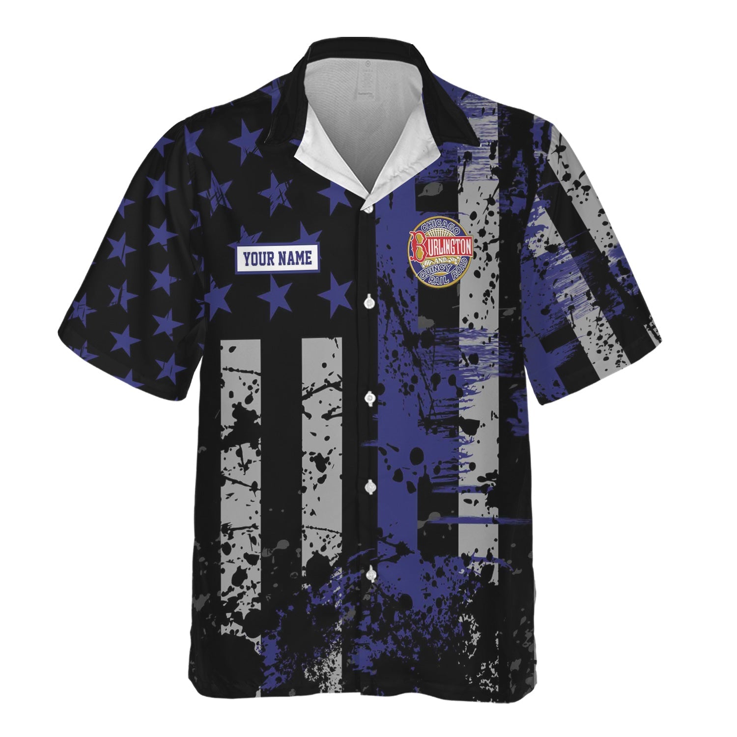 Railspirit Personalized Chicago, Burlington and Quincy Railroad Hawaiian Shirt Artistic Paint American Flag Style Train Shirt