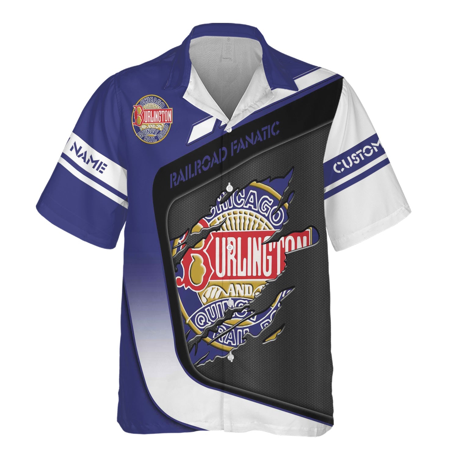 Railspirit Personalized Chicago, Burlington and Quincy Railroad Hawaiian Shirt Ripped Texture Style Train Shirt For Railroad Fanatic