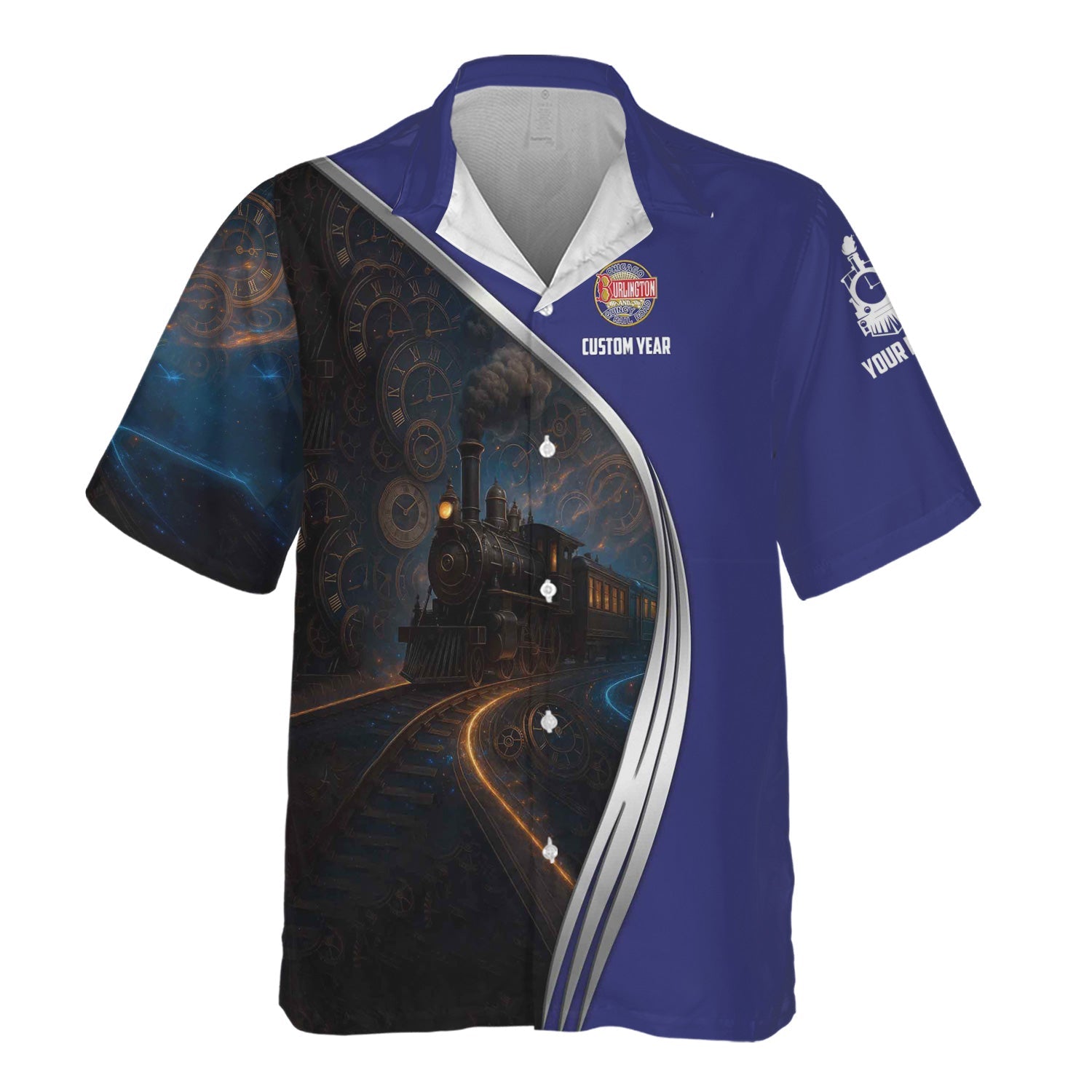 Railspirit Personalized Chicago, Burlington and Quincy Railroad Hawaiian Shirt Steampunk Locomotive with Custom Year Train Shirt