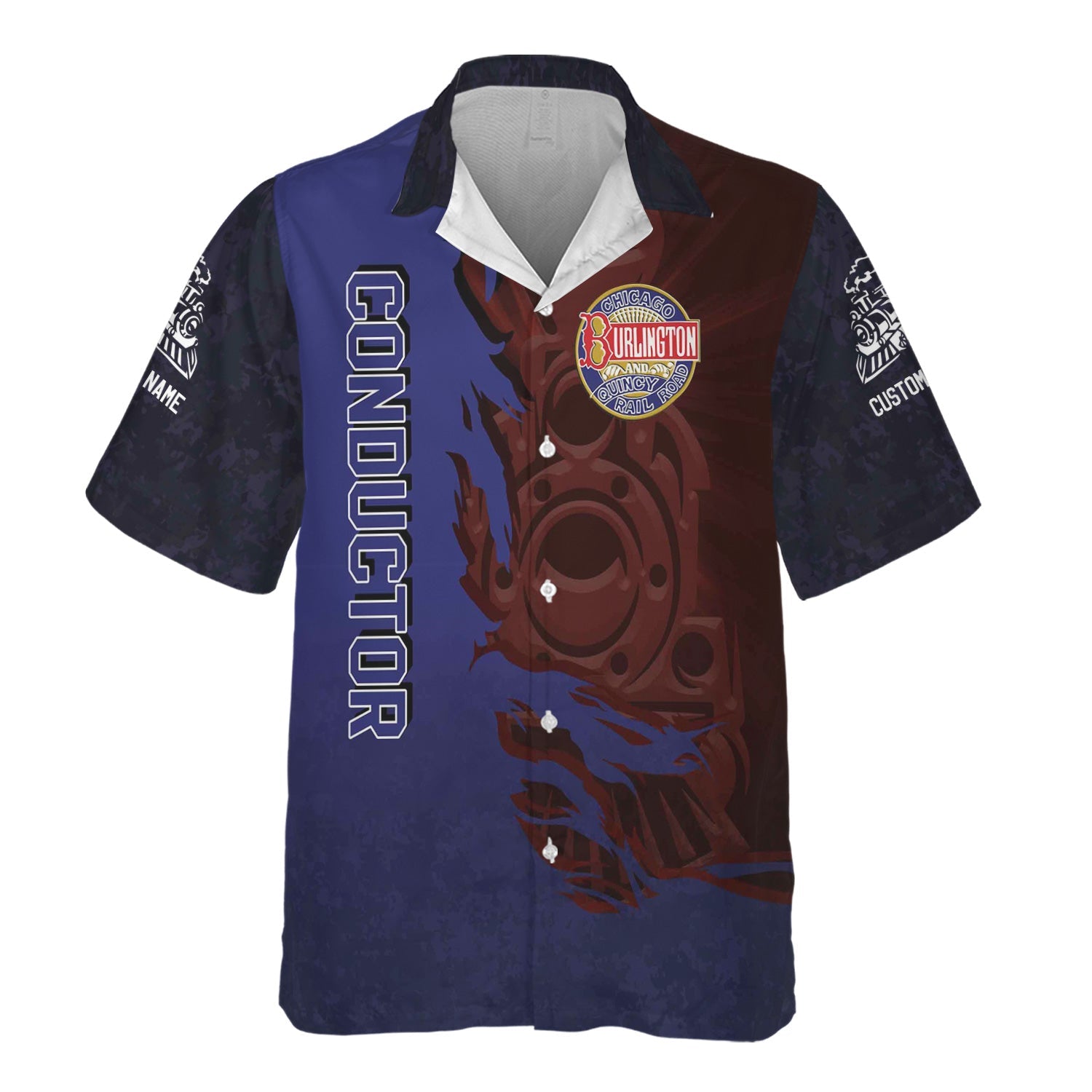 Railspirit Personalized Chicago, Burlington and Quincy Railroad Hawaiian Shirt Blazing Style with Custom Position Train Shirt