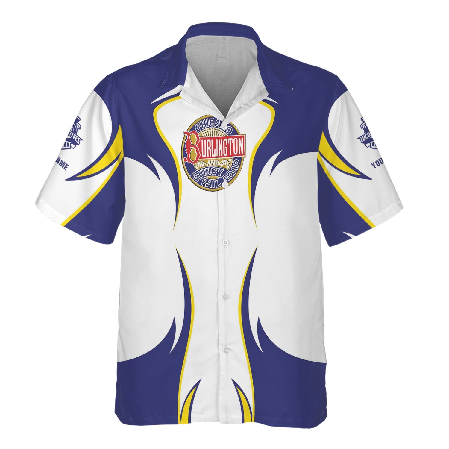 Railspirit Personalized Chicago, Burlington and Quincy Railroad Hawaiian Shirt Distinctive Flame Style Shirt For Steam Engine Addict