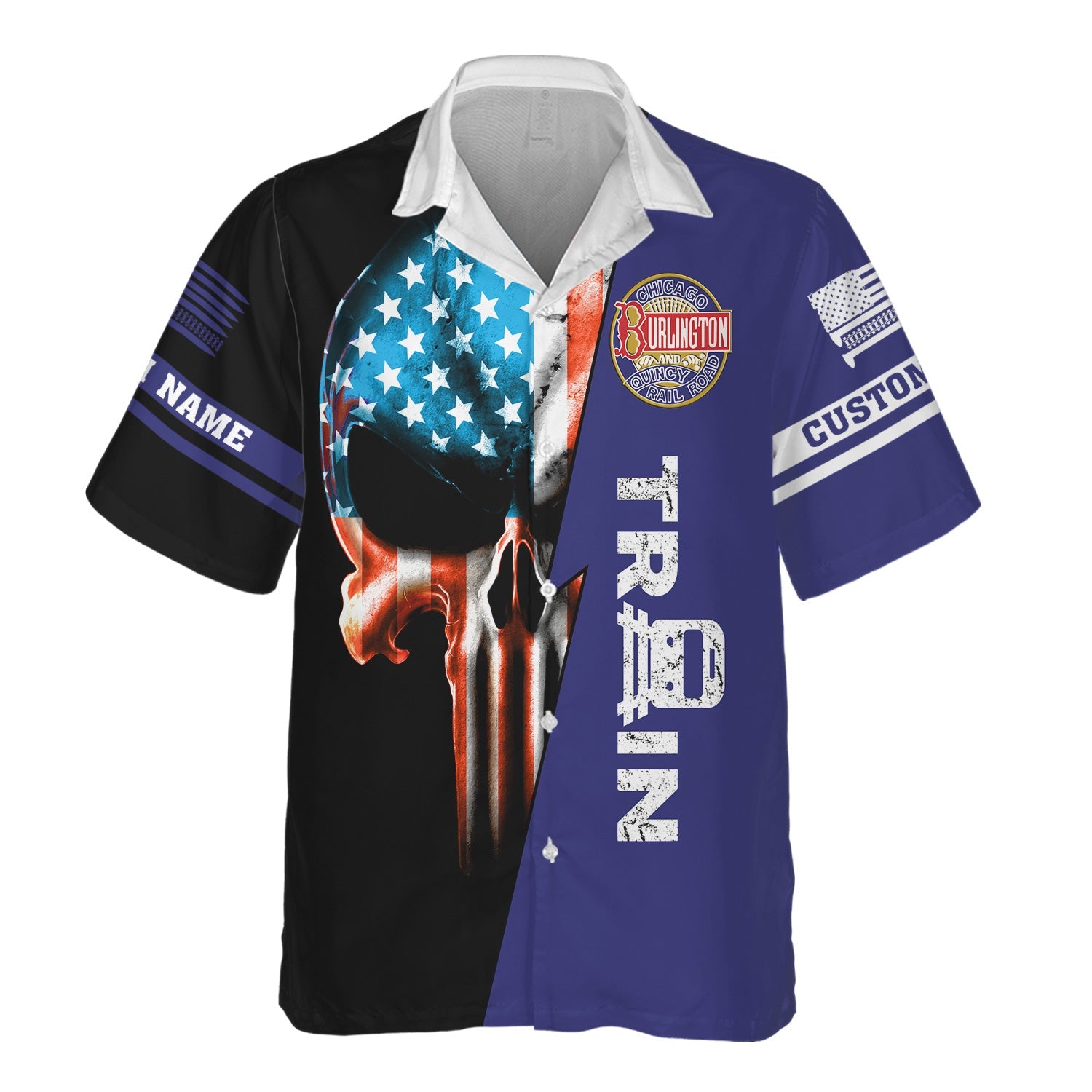 Railspirit Personalized Chicago, Burlington and Quincy Railroad Hawaiian Shirt Train Skull American Flag Shirt All Over Print