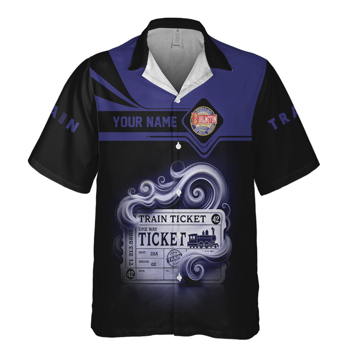 Railspirit Personalized Chicago, Burlington and Quincy Railroad Hawaiian Shirt Train Ticket American Locomotive Printed Train