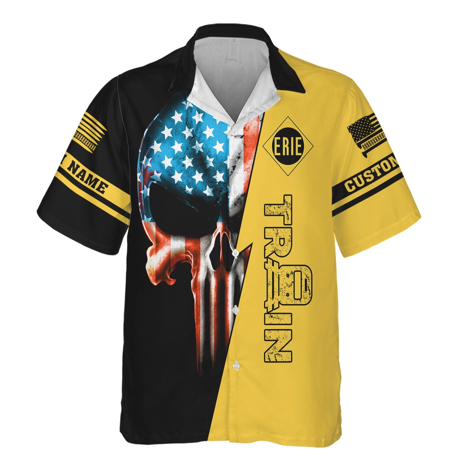Railspirit Personalized Erie Railroad Hawaiian Shirt Train Skull American Flag Shirt All Over Print