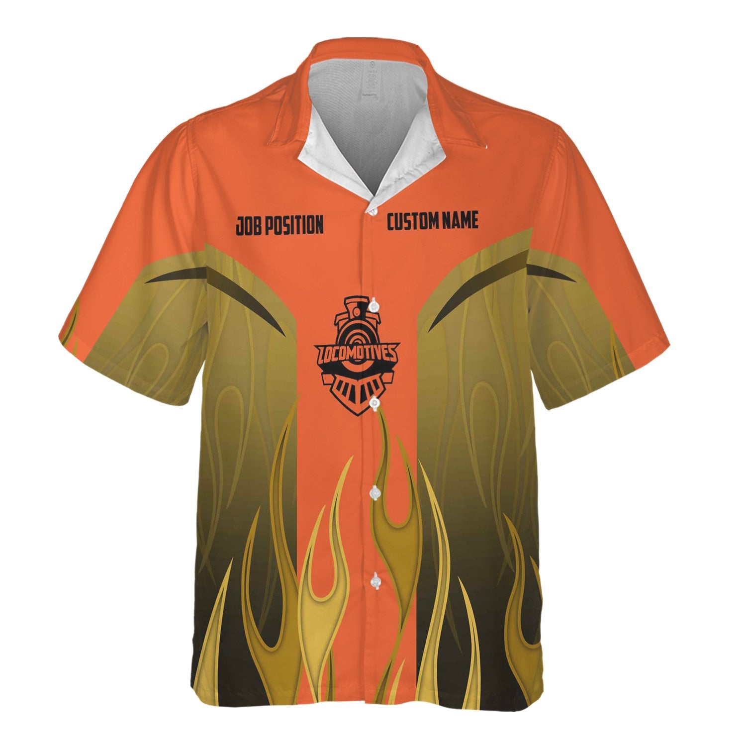 Railspirit Custom Name and Job Title Illinois Central Railroad Hawaiian Shirt Flame Graphic Train Shirt For Rail Workers