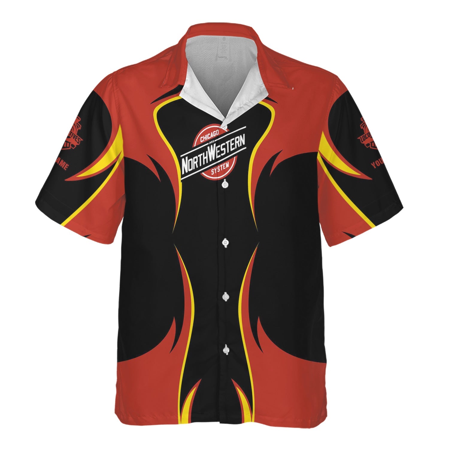 Railspirit Personalized Chicago and North Western Railway Hawaiian Shirt Distinctive Flame Style Shirt For Steam Engine Addict