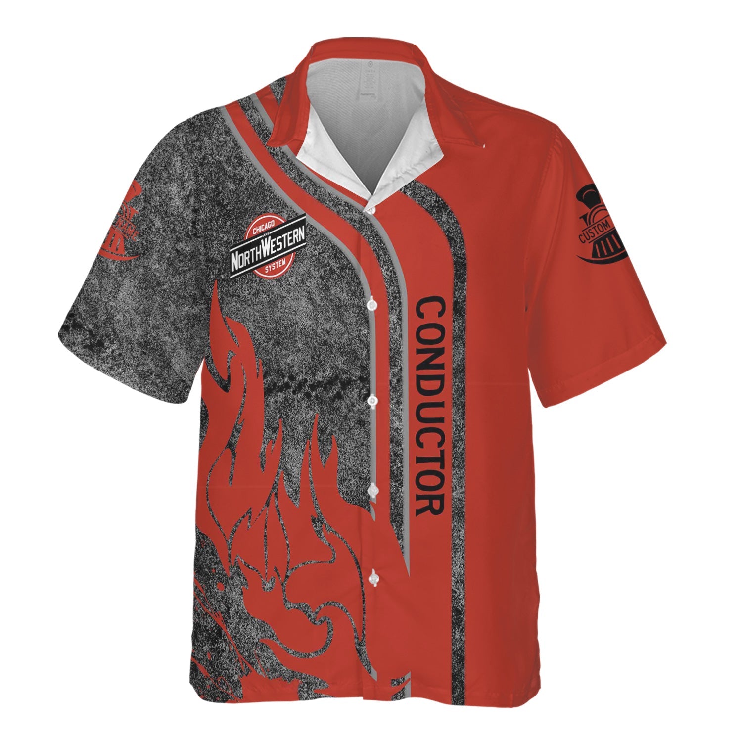 Railspirit Personalized Chicago and North Western Railway Hawaiian Shirt Flame Design with Custom Job Position Train Shirt