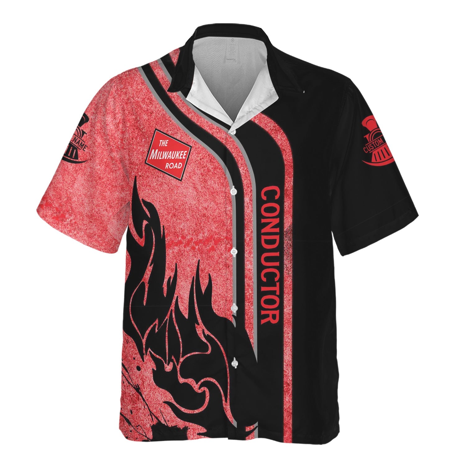 Railspirit Personalized Chicago, Milwaukee, St. Paul and Pacific Railroad Hawaiian Shirt Flame Design Custom Job Position Milwaukee Road Train Shirt