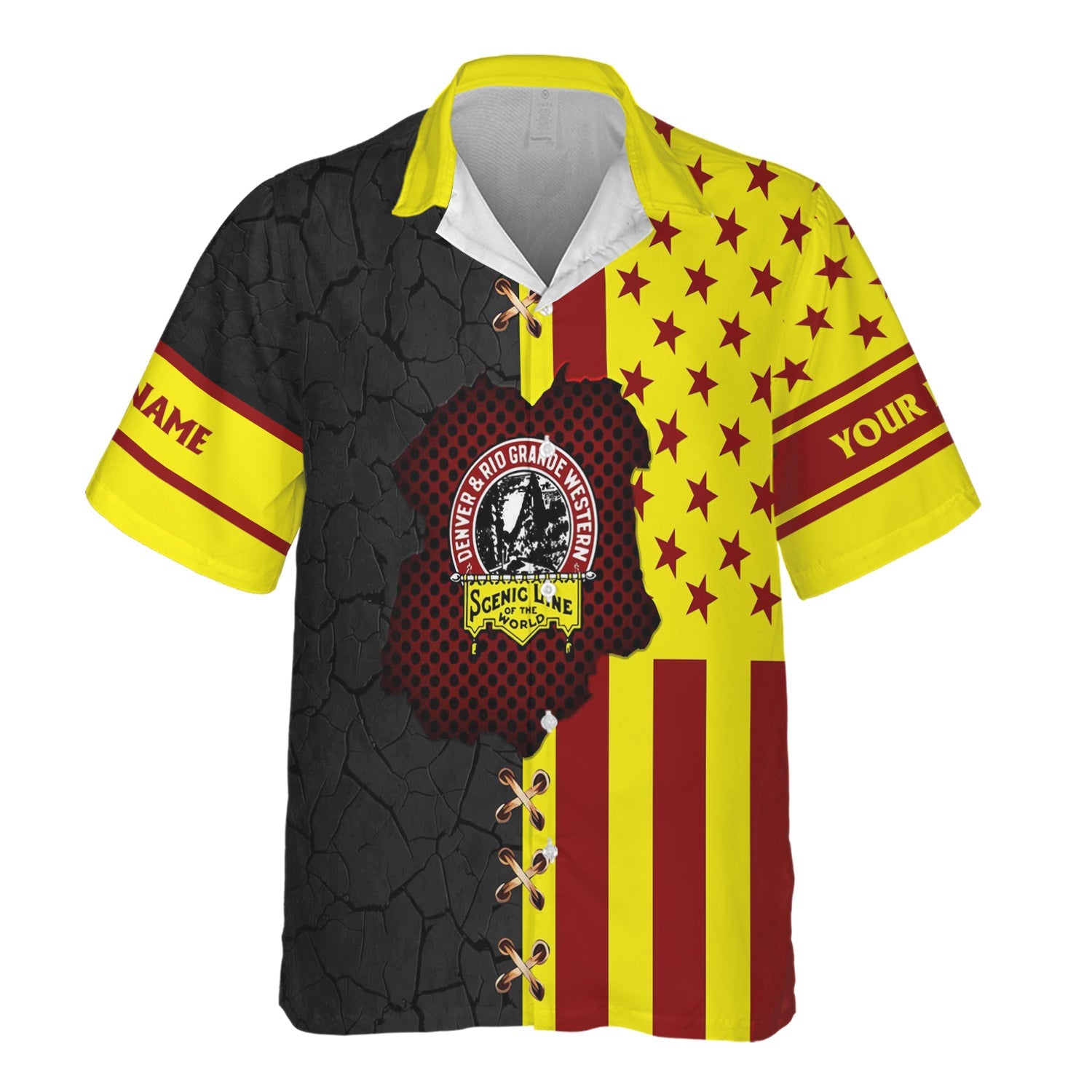 Railspirit Personalized Denver and Rio Grande Western Railroad Hawaiian Shirt American Flag with Crack Effect Train Shirt