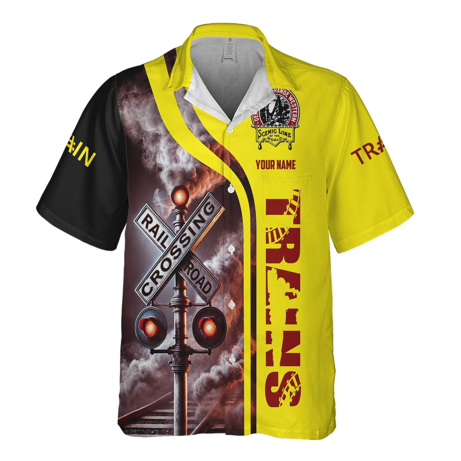 Railspirit Custom Name Denver and Rio Grande Western Railroad Hawaiian Shirt Railroad Crossing Sign Printed Train Shirt