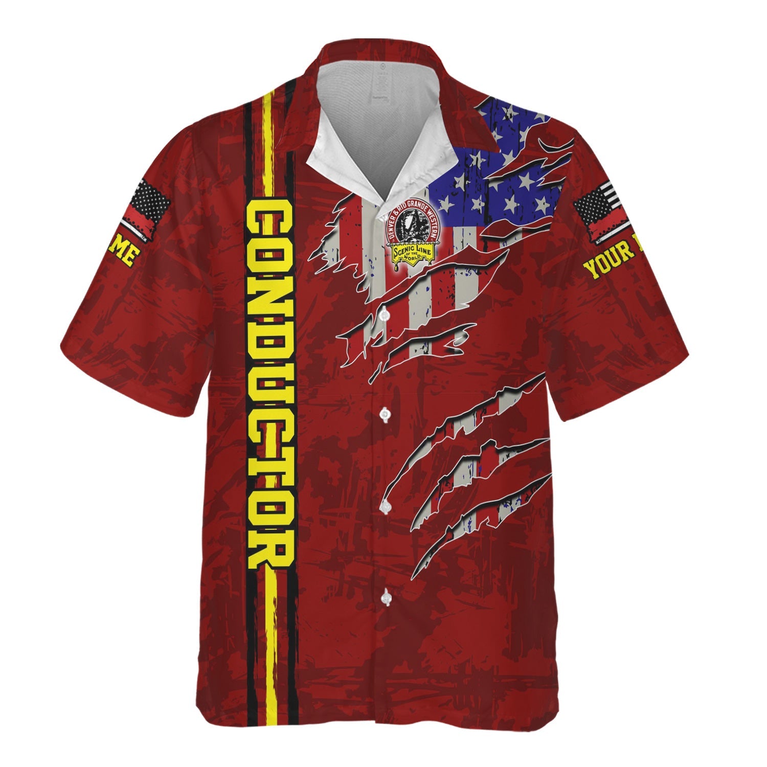 Railspirit Personalized Denver and Rio Grande Western Railroad Hawaiian Shirt USA Flag Claw Art with Custom Job Train Shirt