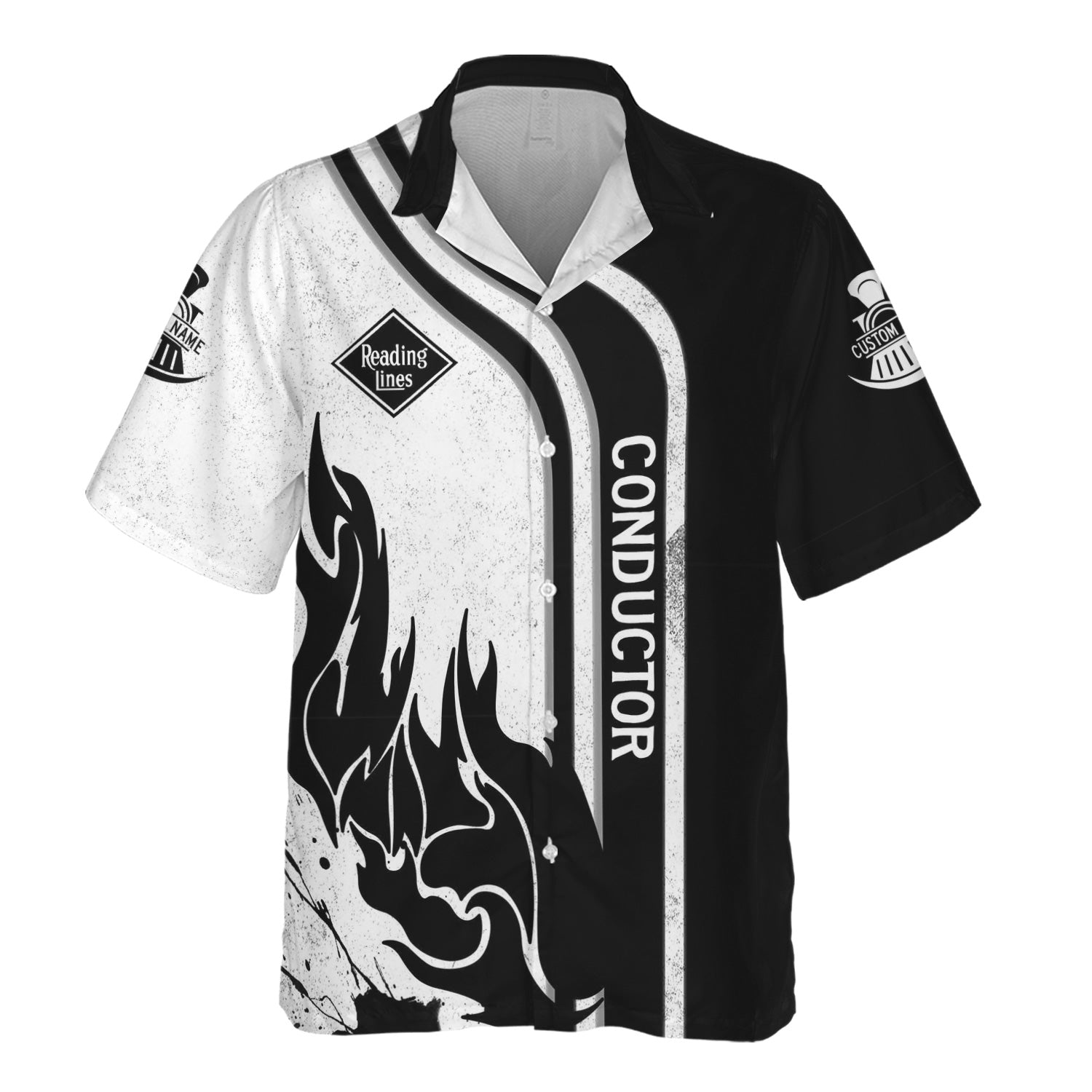 Railspirit Personalized Reading Railroad Hawaiian Shirt Flame Design with Custom Job Position Train Shirt