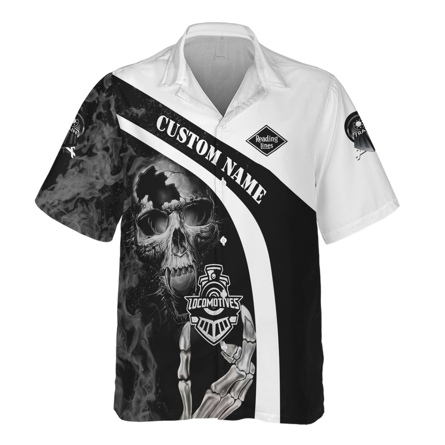 Railspirit Personalized Reading Railroad Hawaiian Shirt Flame Skull Design Train Shirt for Locomotive Fans