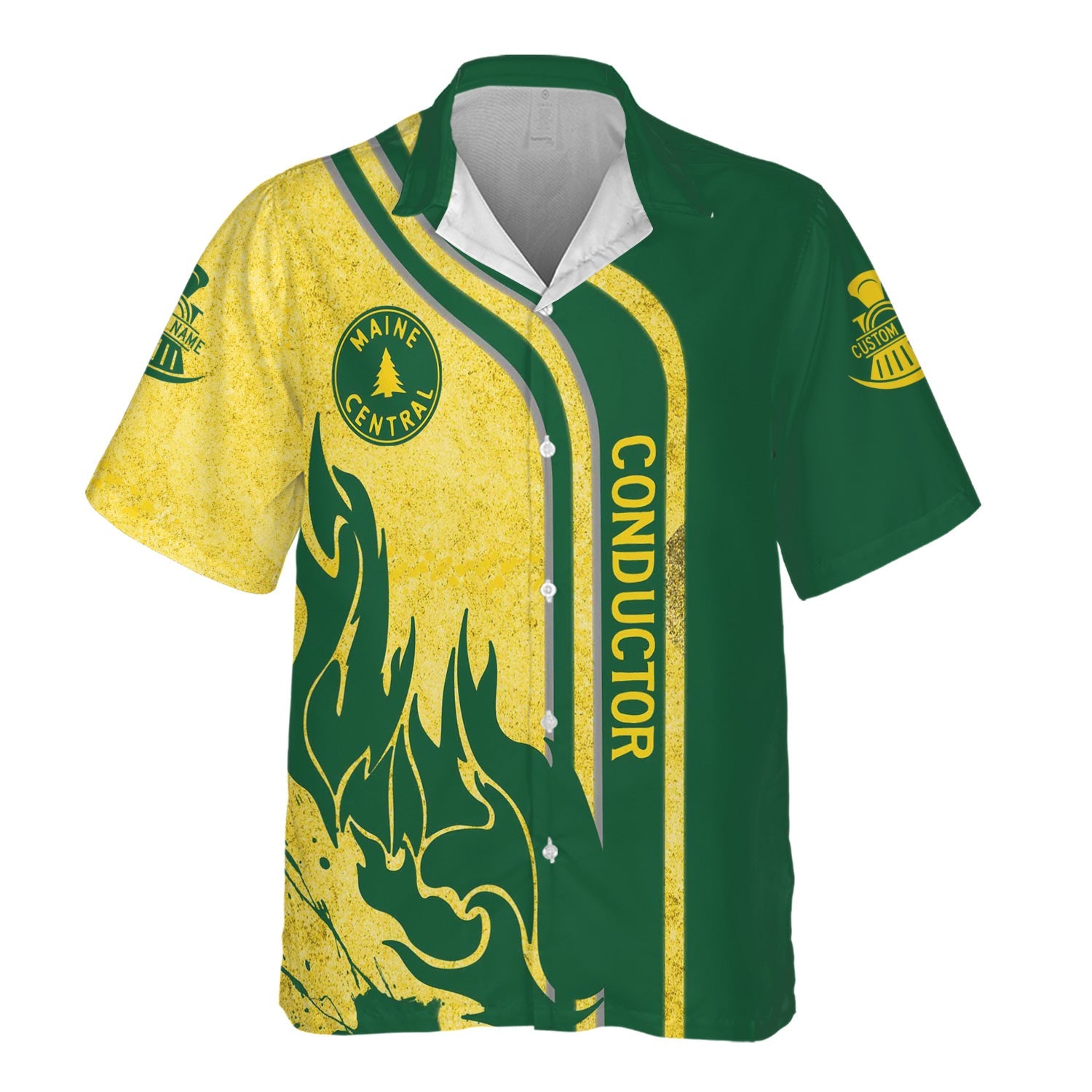 Railspirit Personalized Maine Central Railroad Hawaiian Shirt Flame Design with Custom Job Position Train Shirt
