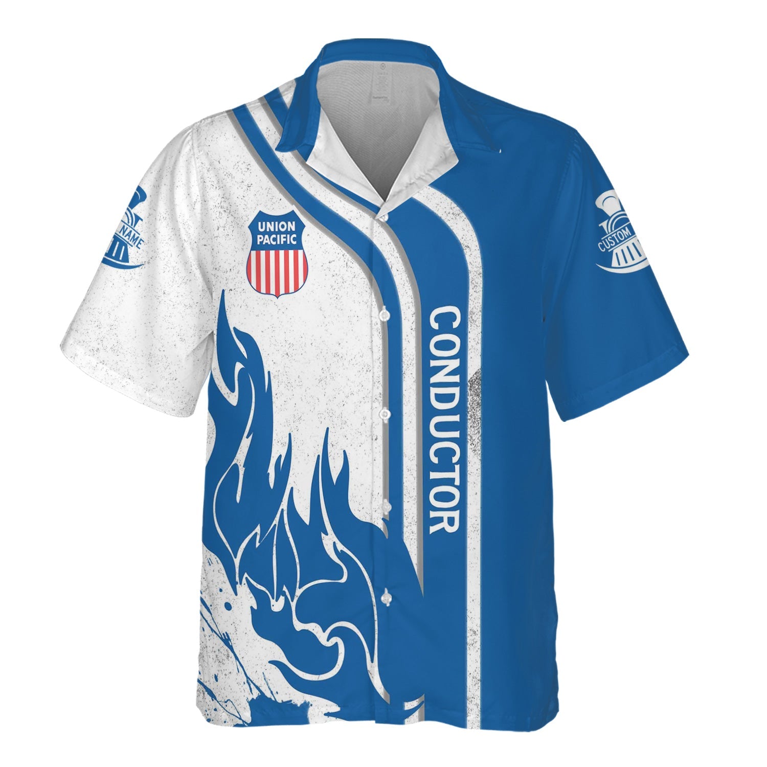 Railspirit Personalized Union Pacific Railroad Hawaiian Shirt Flame Design with Custom Job Position Big Boy Train Shirt