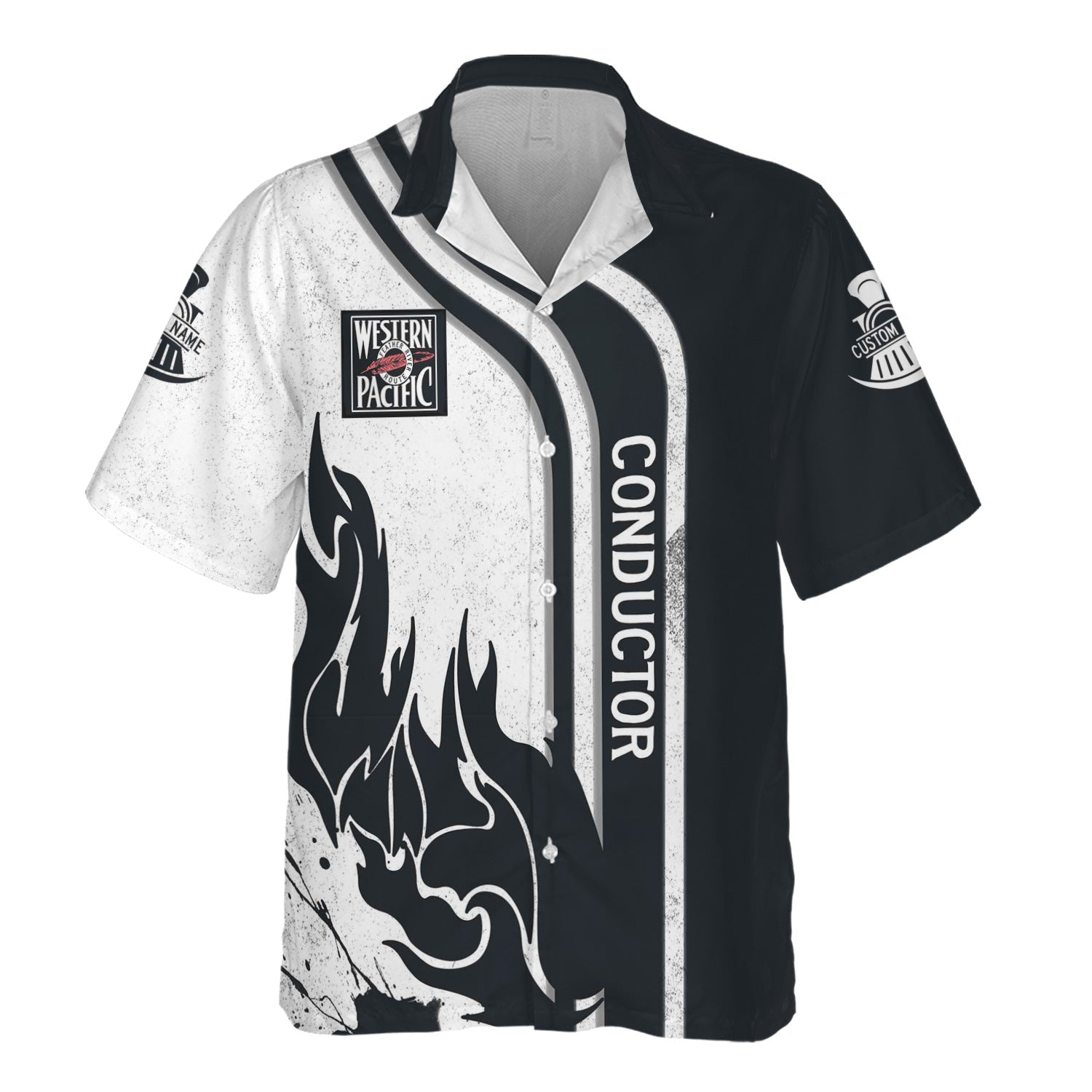 Railspirit Personalized Western Pacific Railroad Hawaiian Shirt Flame Design with Custom Job Position Train Shirt