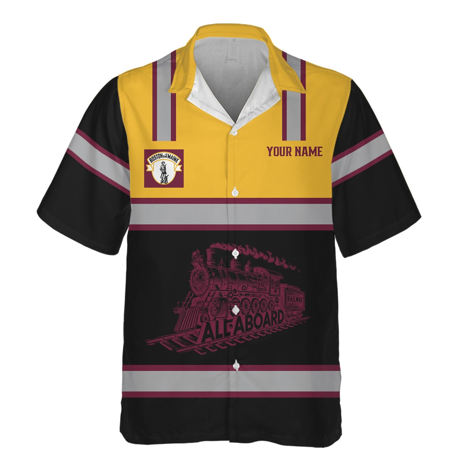 Railspirit Custom Name Boston and Maine Railroad Hawaiian Shirt Eat Train Sleep Repeat Printed Train Shirt