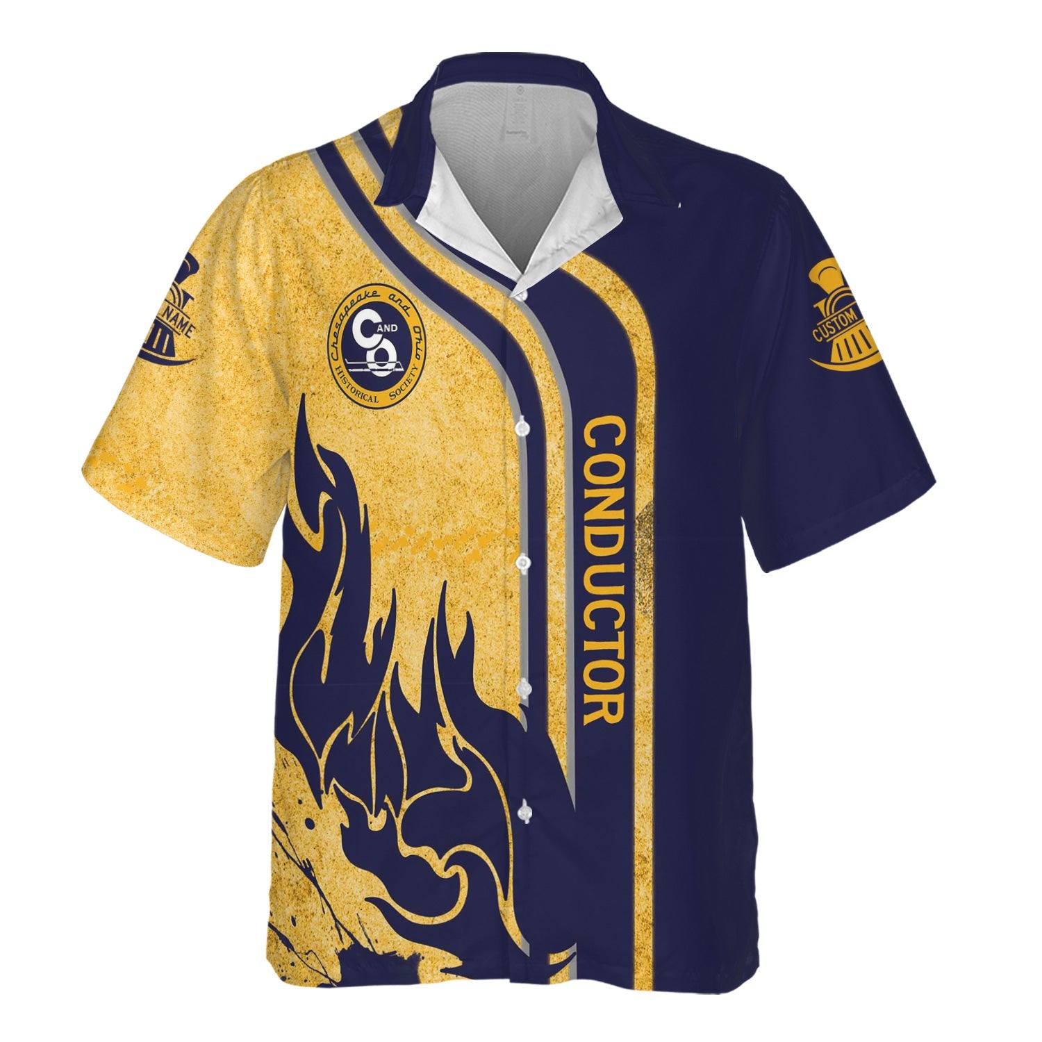 Railspirit Personalized Chesapeake and Ohio Railway Hawaiian Shirt Flame Design with Custom Job Position C&O Train Shirt
