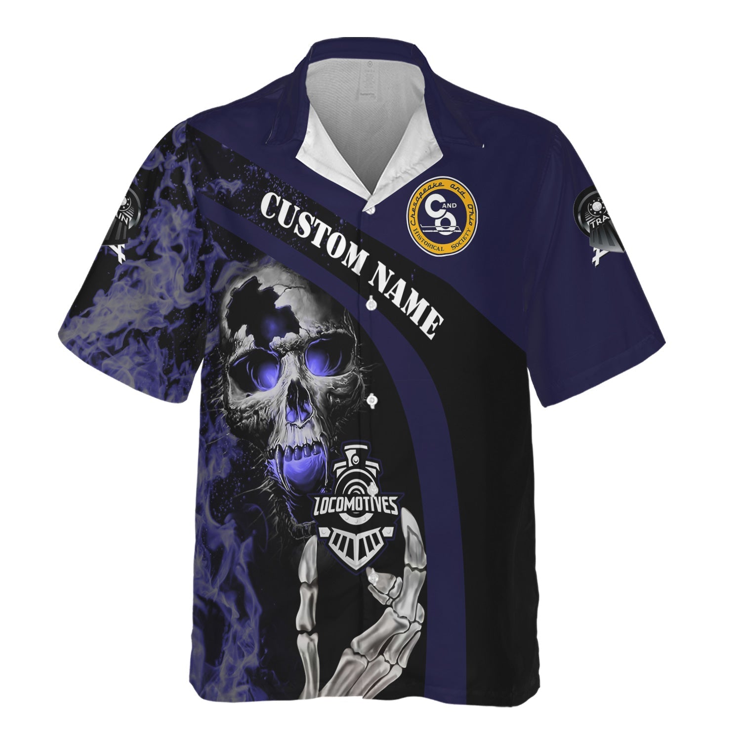 Railspirit Personalized Chesapeake and Ohio Railway Hawaiian Shirt Flame Skull Design C&O Train Shirt for Locomotive Fans