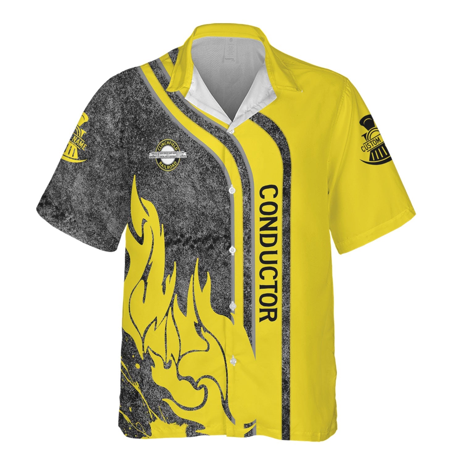 Railspirit Personalized Clinchfield Railroad Hawaiian Shirt Flame Design with Custom Job Position Train Shirt