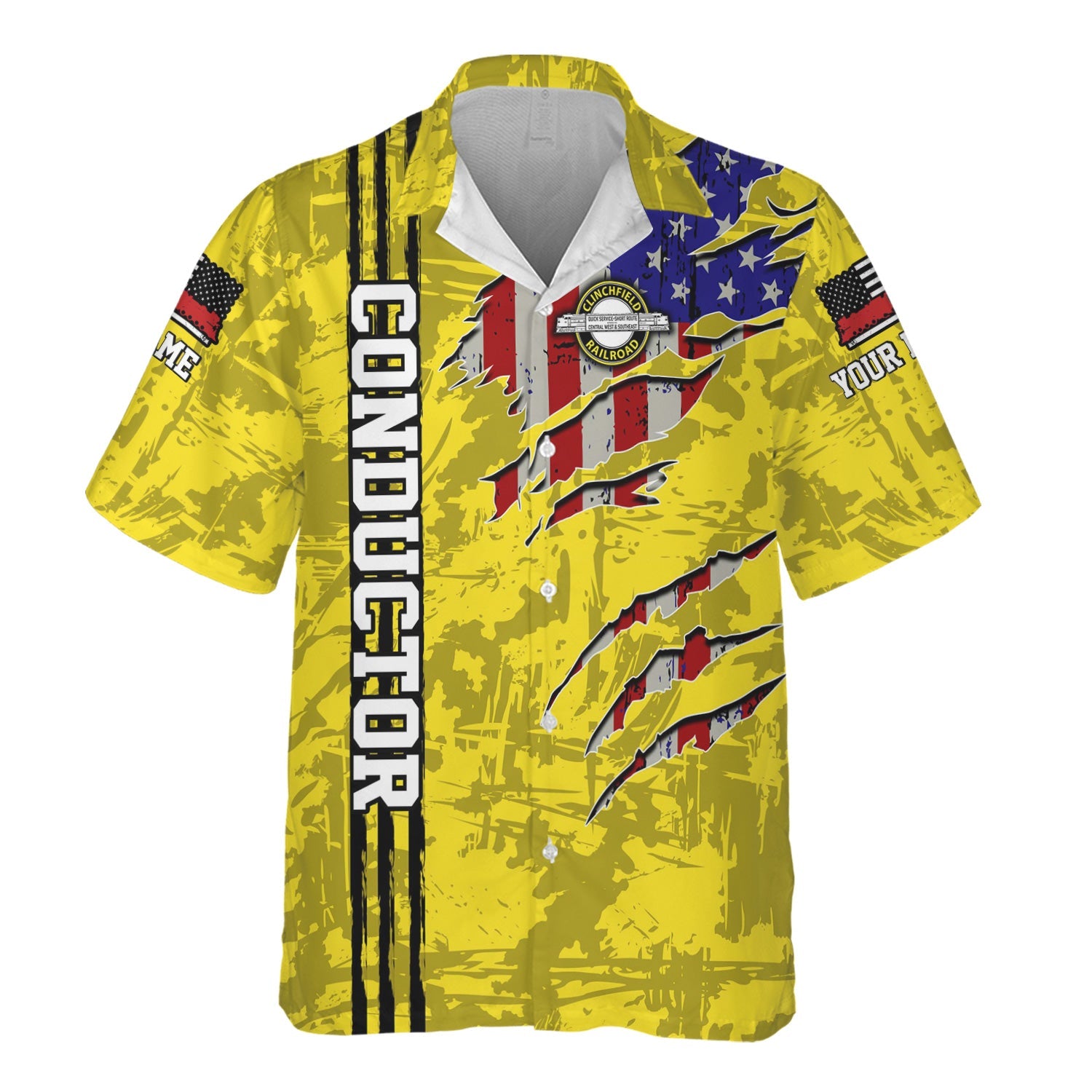 Railspirit Personalized Clinchfield Railroad Hawaiian Shirt USA Flag Claw Art with Custom Job Train Shirt