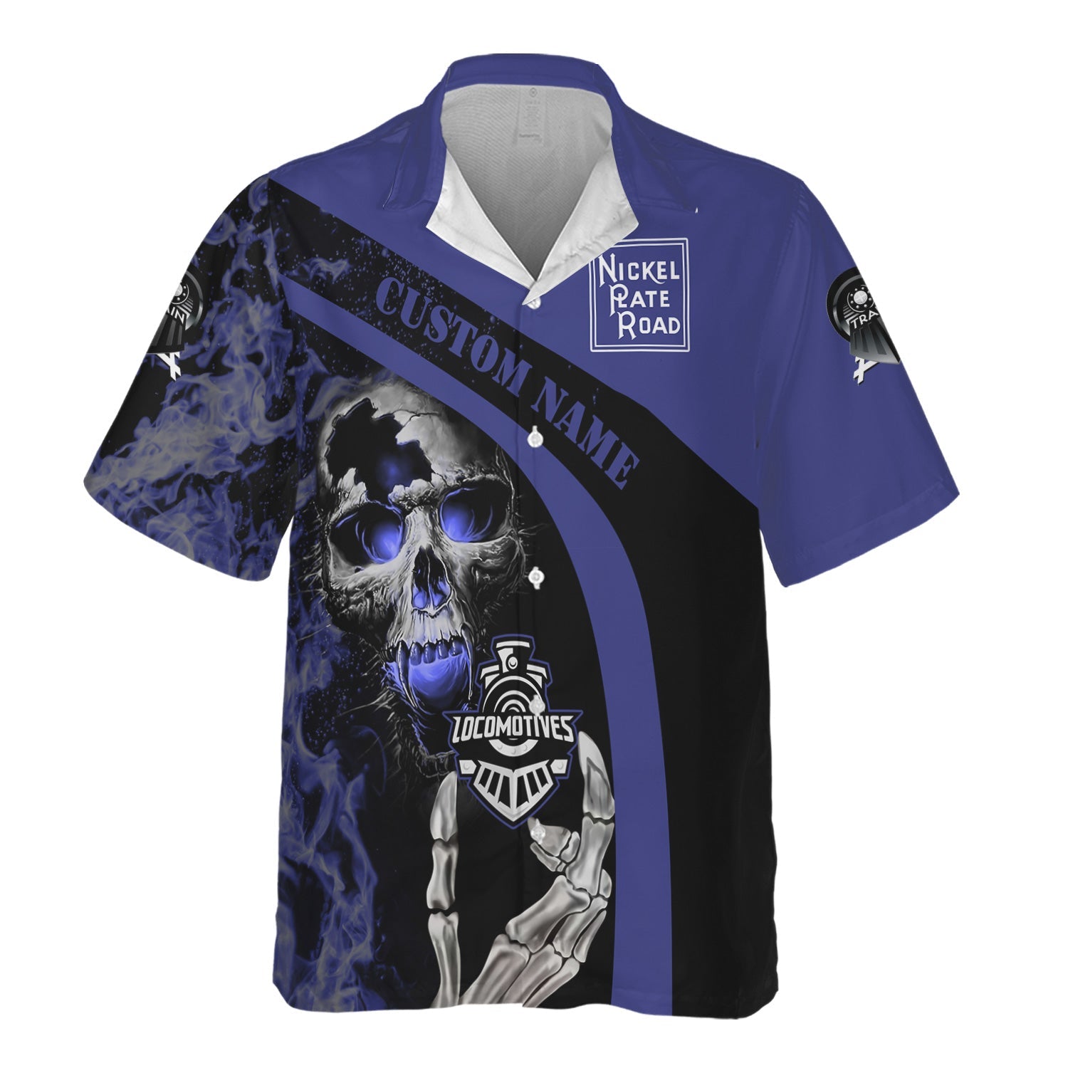 Railspirit Personalized New York, Chicago and St. Louis Railroad Hawaiian Shirt Flame Skull Design Nickel Plate Road Train Shirt for Locomotive Fans