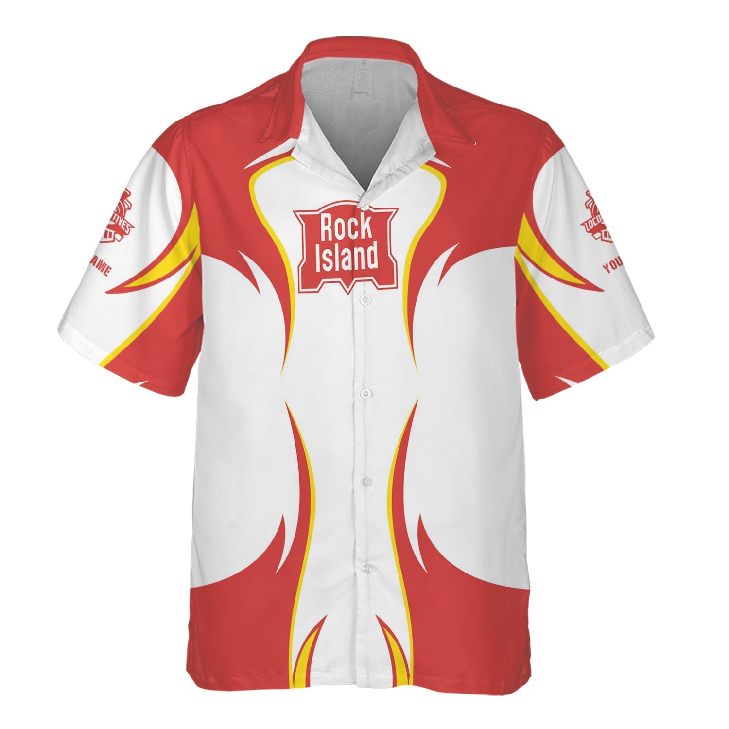 Railspirit Personalized Chicago, Rock Island and Pacific Railroad Hawaiian Shirt Flame Style Rock Island Railroad Shirt For Steam Engine Addict
