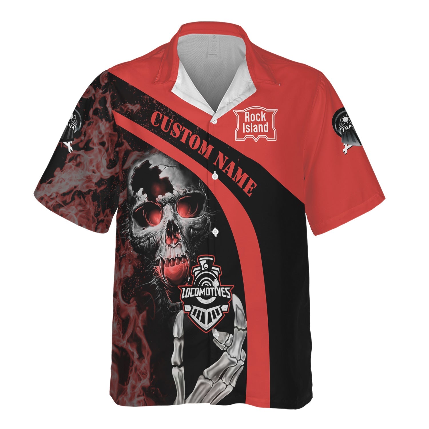 Railspirit Personalized Chicago, Rock Island and Pacific Railroad Hawaiian Shirt Flame Skull Design Rock Island Railroad Train Shirt