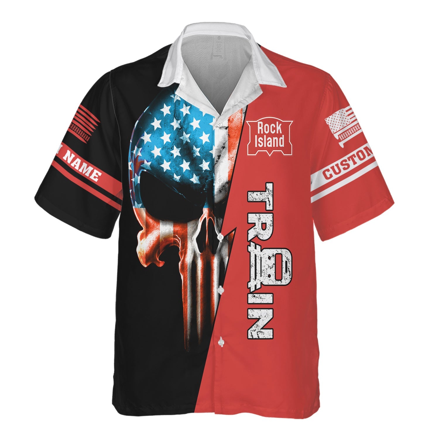 Railspirit Personalized Chicago, Rock Island and Pacific Railroad Hawaiian Shirt Train Skull American Flag Rock Island Railroad Shirt