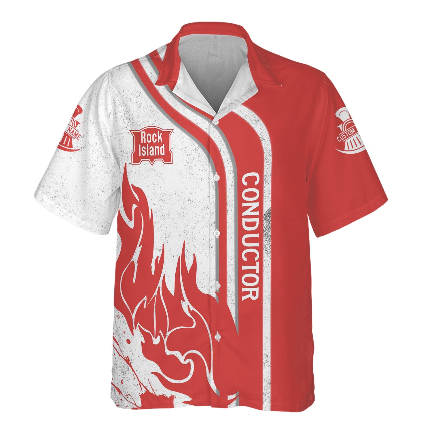 Railspirit Personalized Chicago, Rock Island and Pacific Railroad Hawaiian Shirt Flame Design Custom Job Position Rock Island Railroad Train Shirt