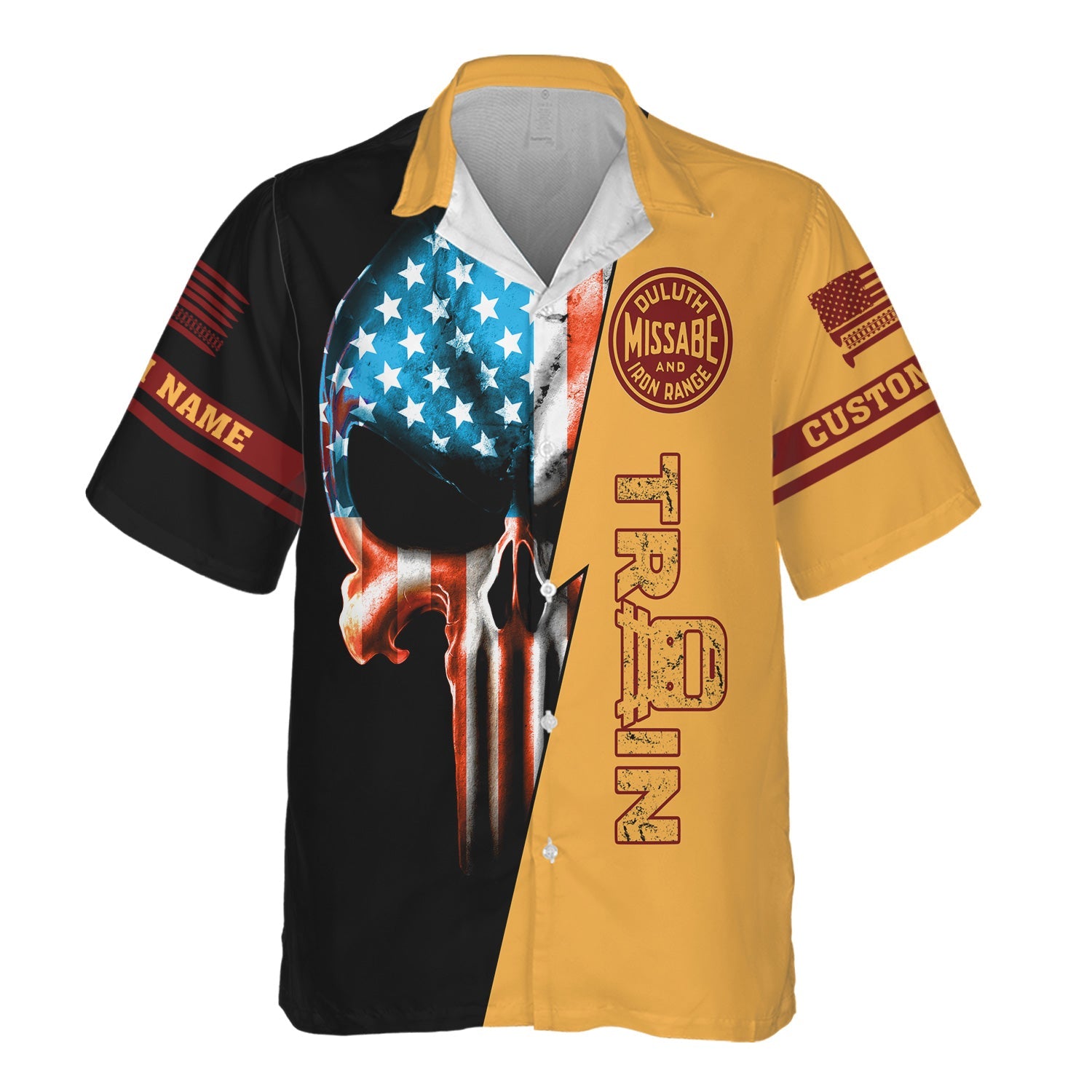 Railspirit Personalized Duluth, Missabe, & Iron Range Railroad Hawaiian Shirt Train Skull American Flag Shirt All Over Print