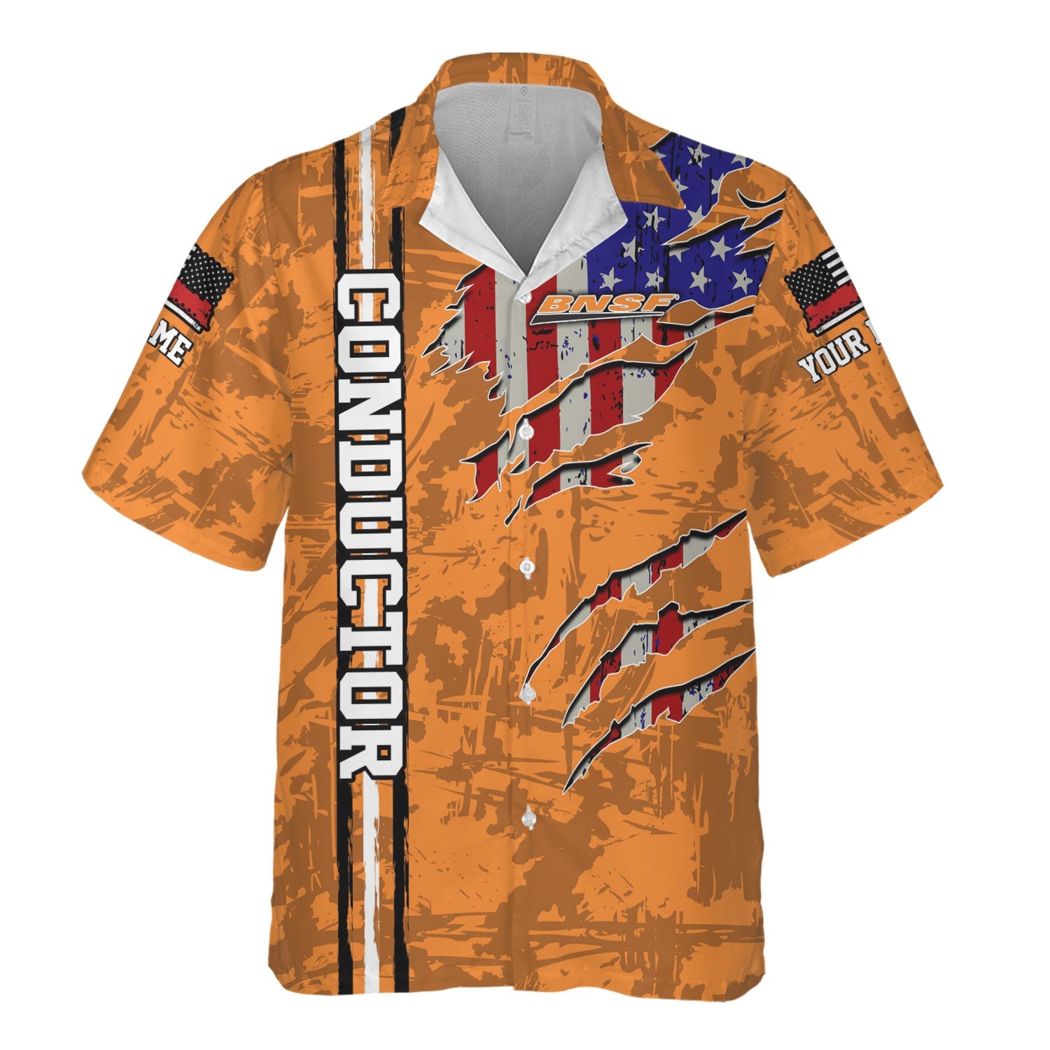 Railspirit Personalized BNSF Railway Hawaiian Shirt USA Flag Claw Art with Custom Job Train Shirt