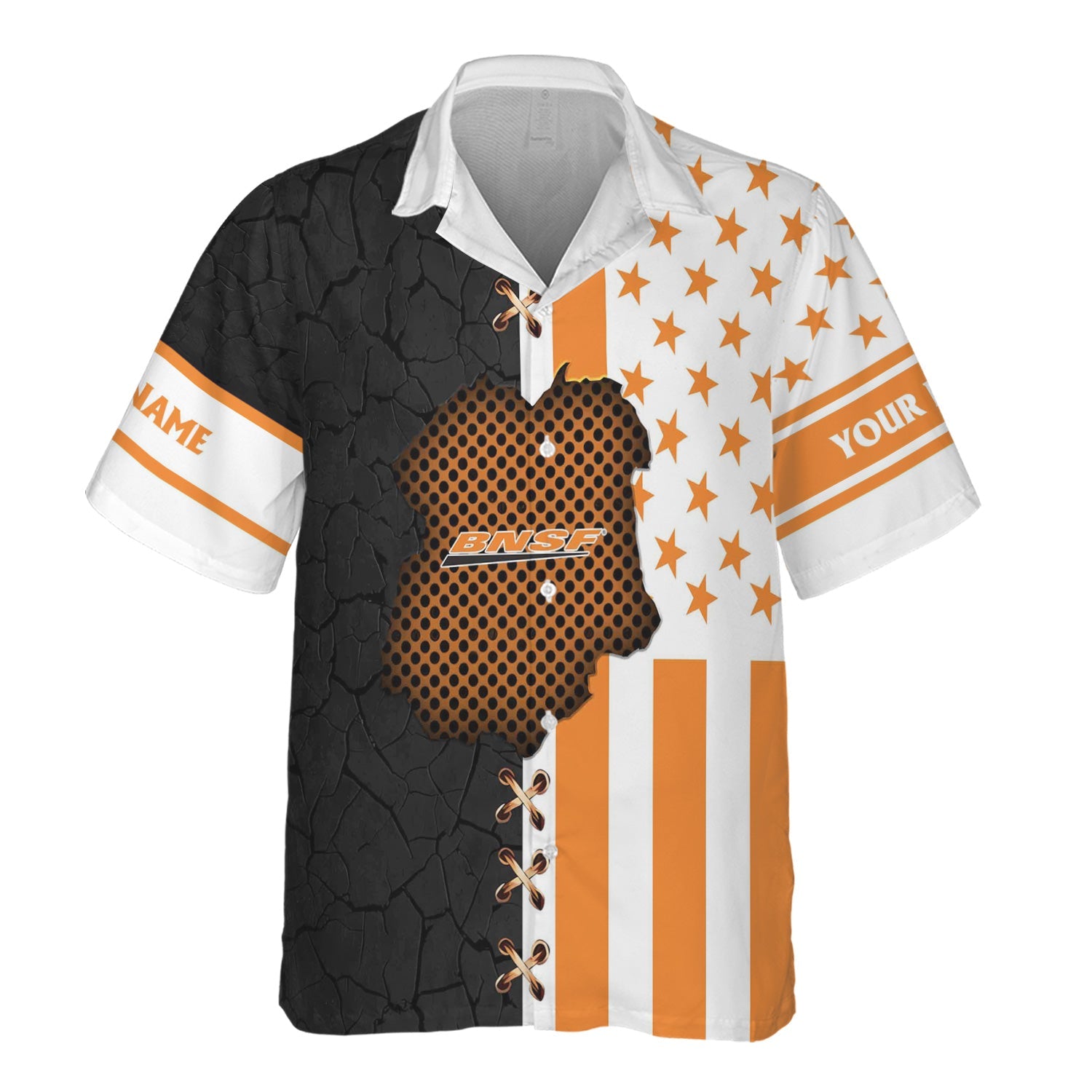 Railspirit Personalized BNSF Railway Hawaiian Shirt American Flag with Crack Effect Train Shirt