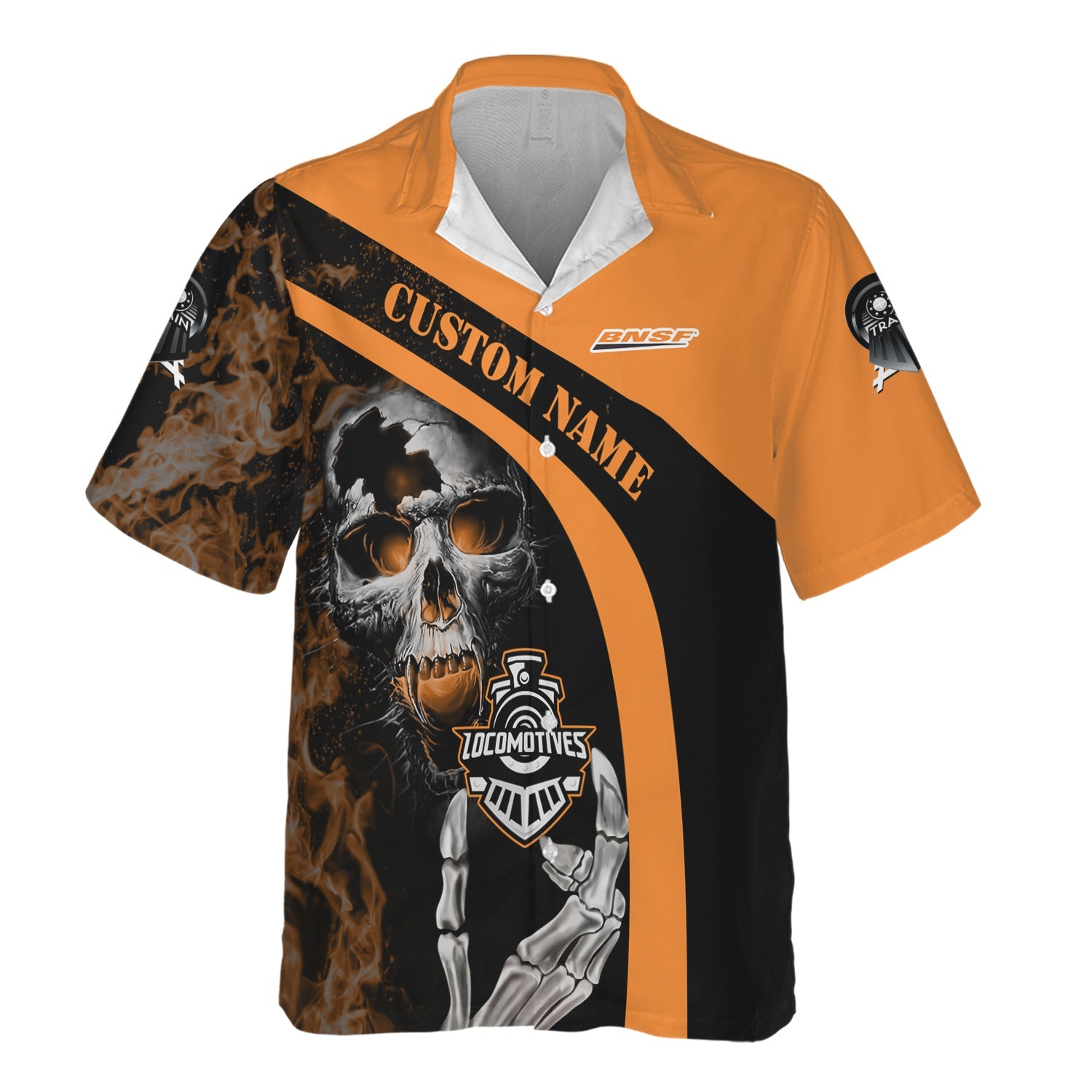 Railspirit Personalized BNSF Railway Hawaiian Shirt Flame Skull Design Train Shirt for Locomotive Fans