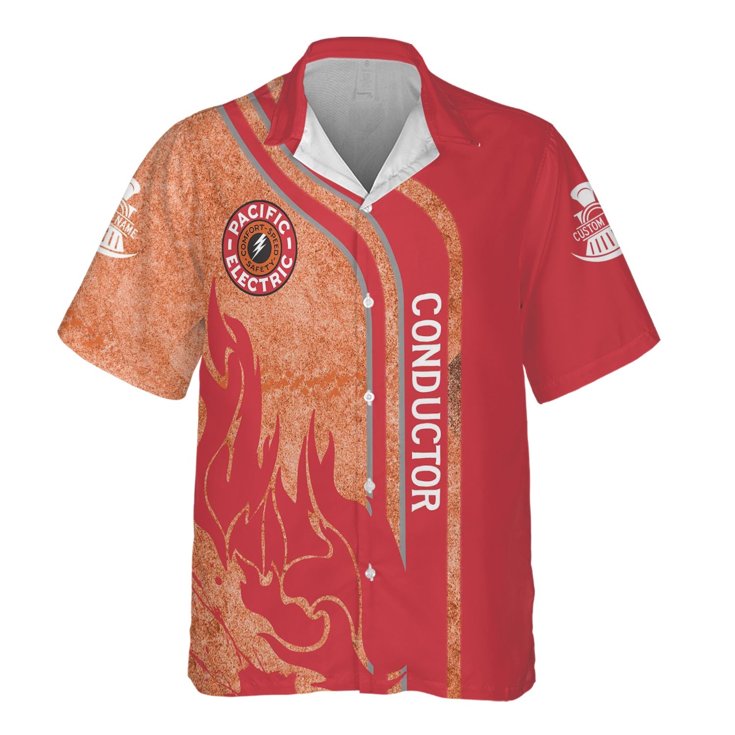 Railspirit Personalized Pacific Electric Railroad Hawaiian Shirt Flame Design with Custom Job Position Train Shirt