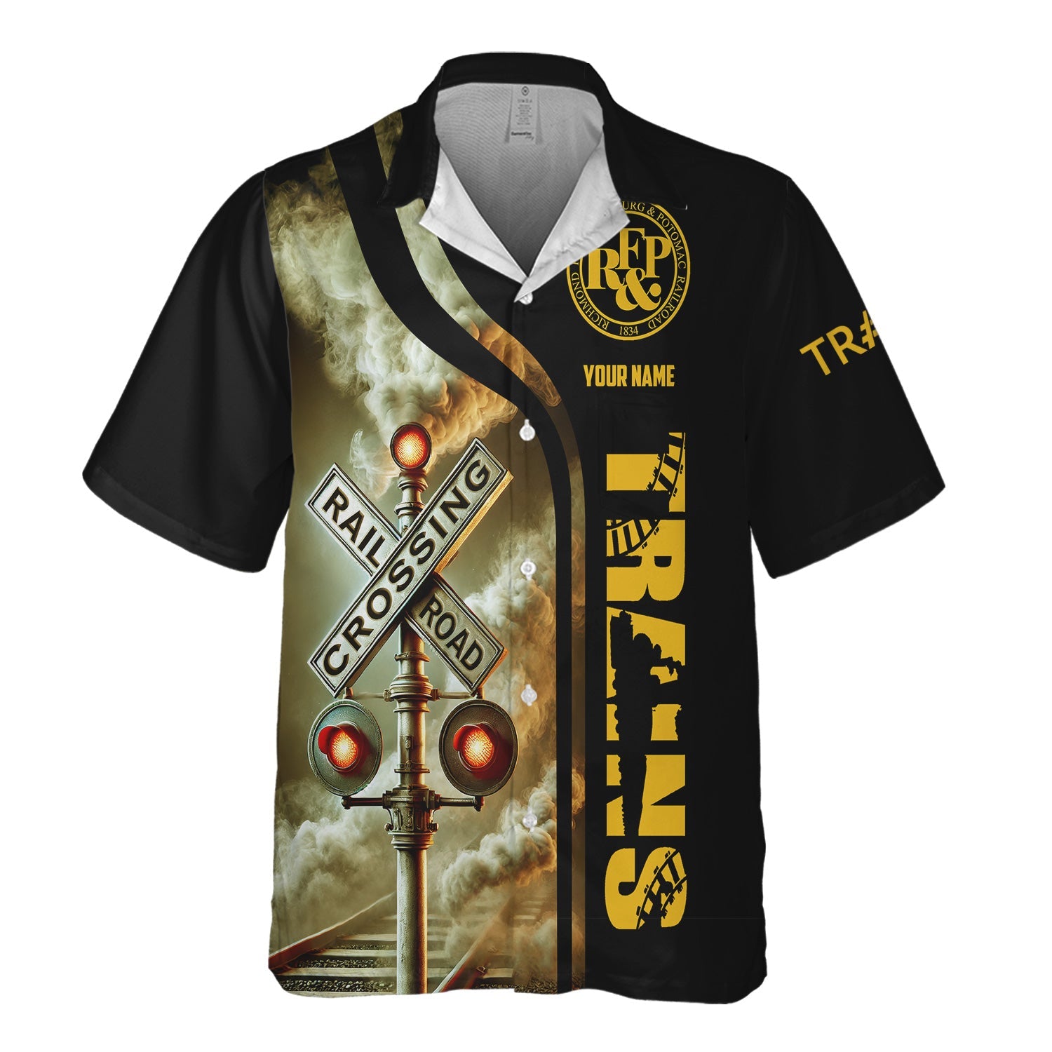 Railspirit Custom Name Richmond, Fredericksburg And Potomac Railroad Hawaiian Shirt Railroad Crossing Sign Printed Train Shirt
