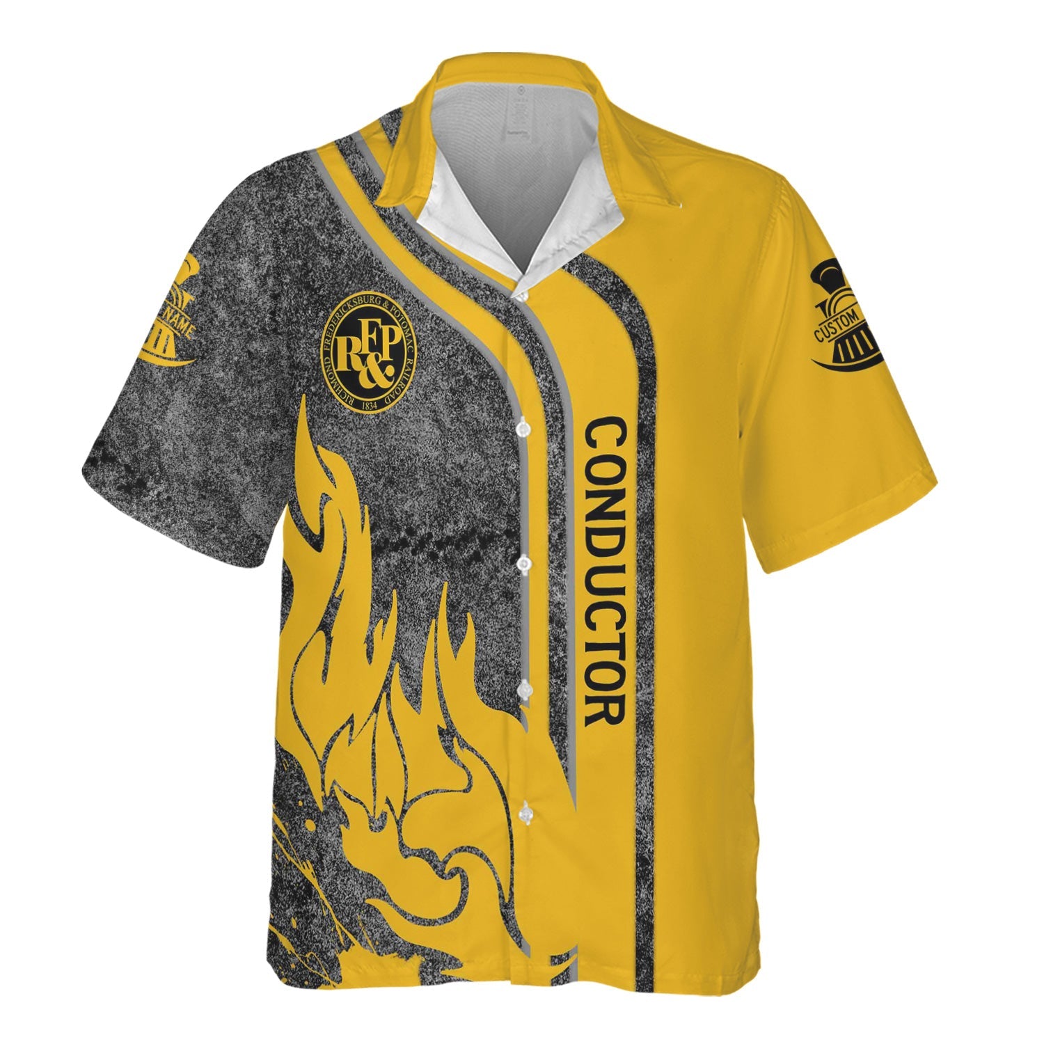 Railspirit Personalized Richmond, Fredericksburg And Potomac Railroad Hawaiian Shirt Flame Design with Custom Job Position Train Shirt