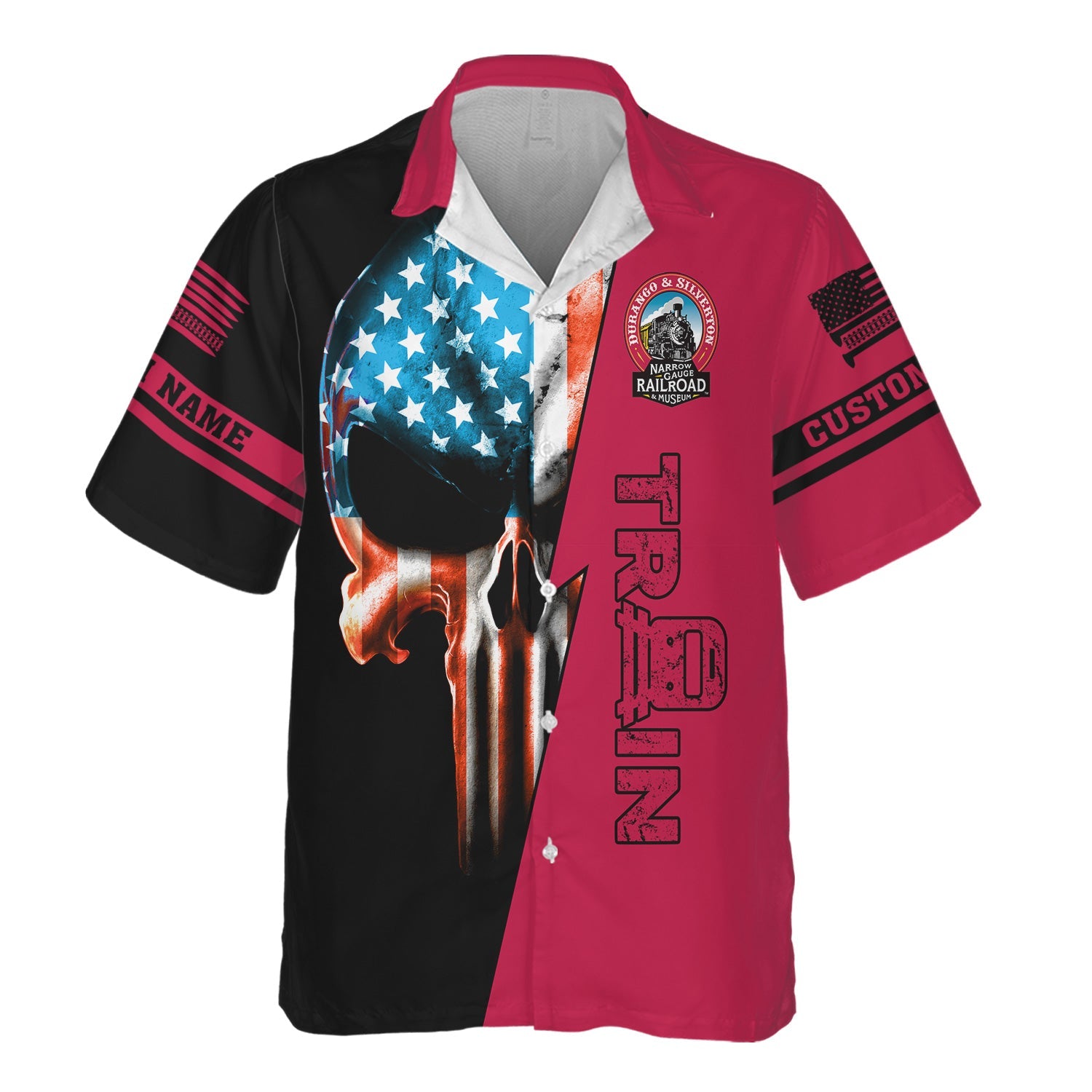 Railspirit Personalized Durango And Silverton Narrow Gauge Railroad Hawaiian Shirt Train Skull American Flag Shirt All Over Print