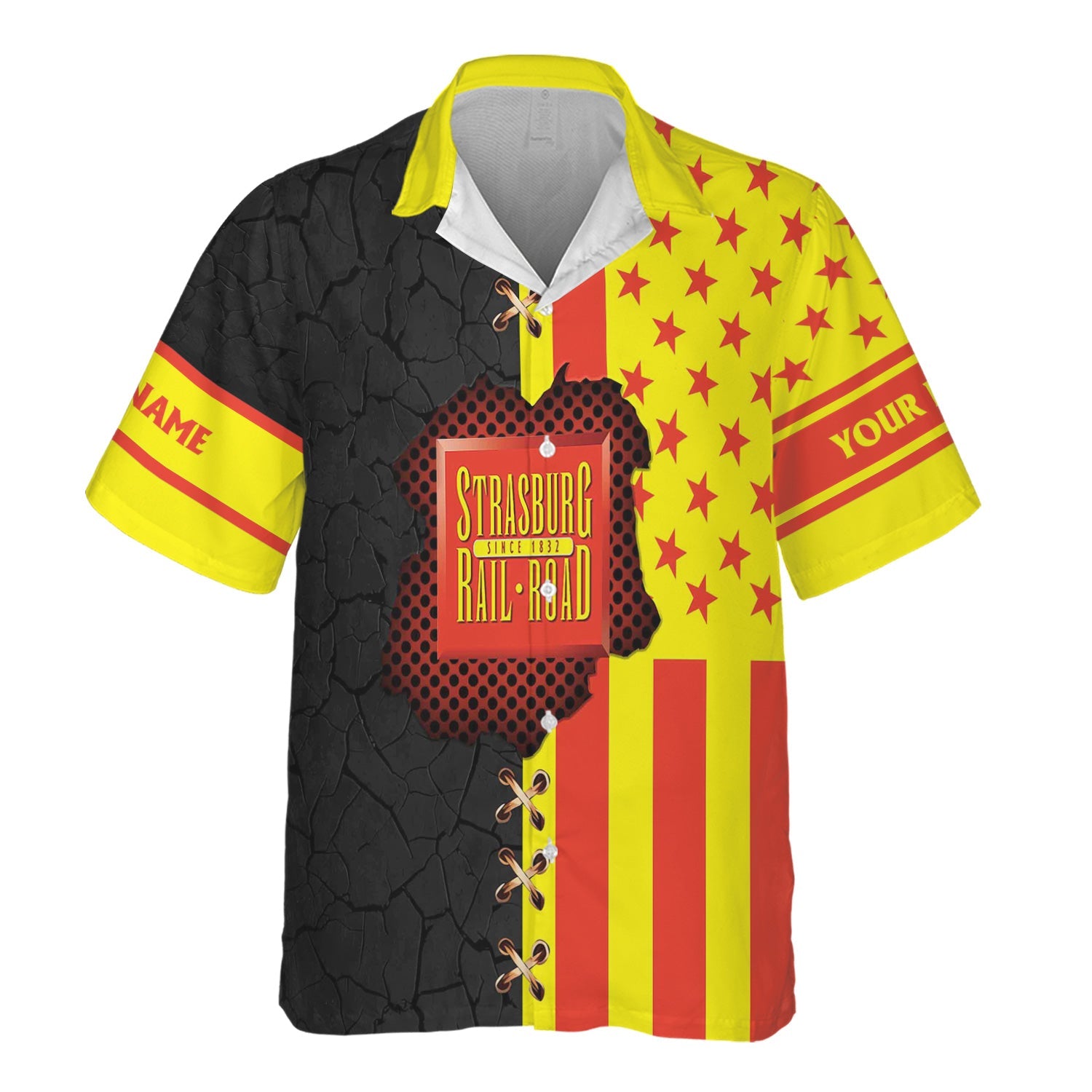 Railspirit Personalized Strasburg Railroad Hawaiian Shirt American Flag with Crack Effect Train Shirt