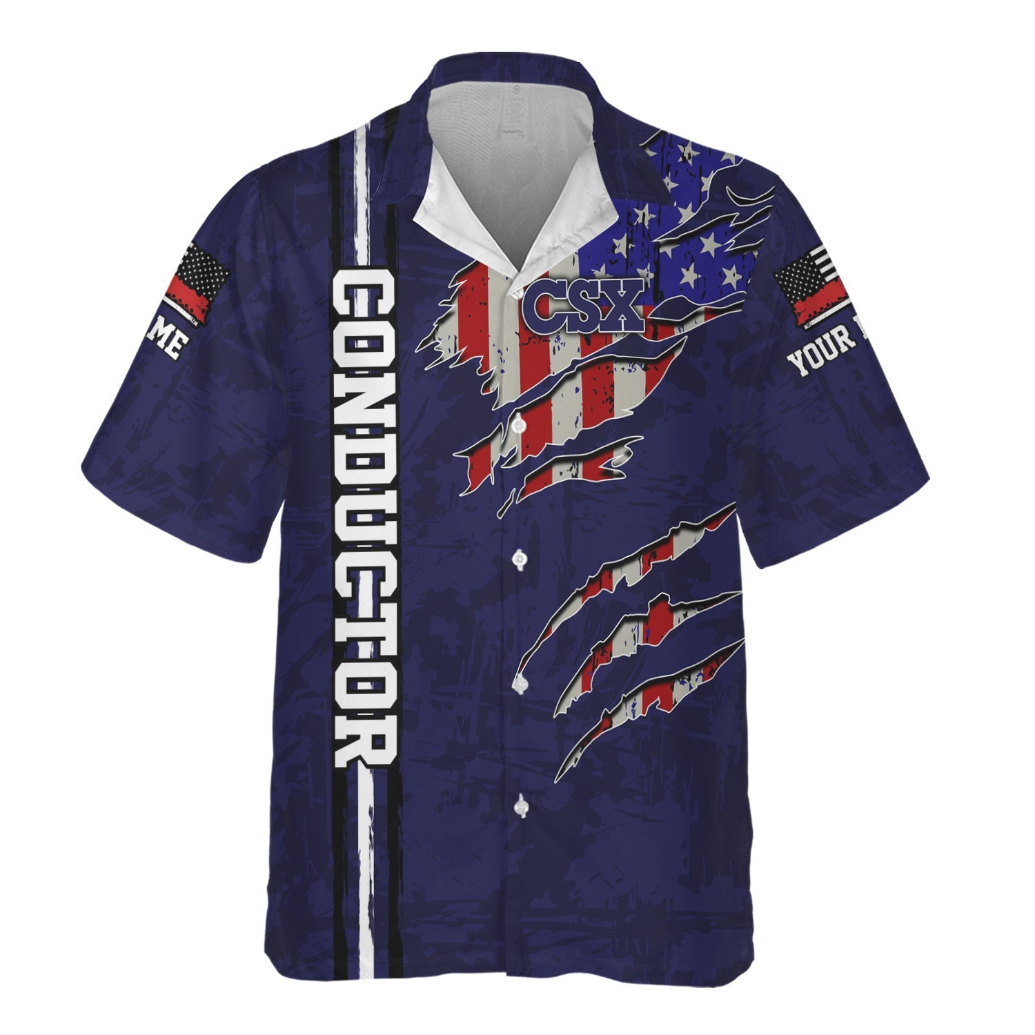 Railspirit Personalized CSX Transportation Railroad Hawaiian Shirt USA Flag Claw Art with Custom Job Train Shirt