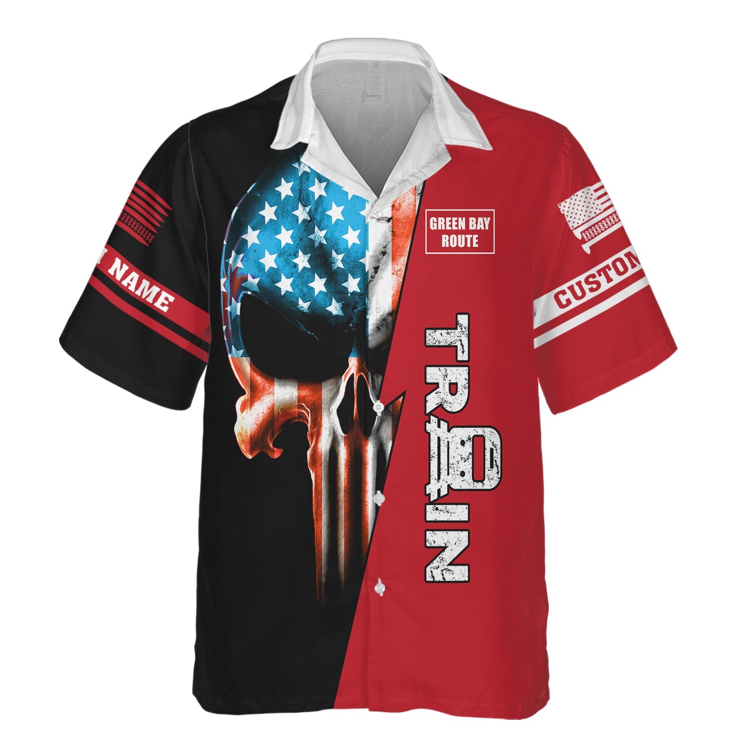 Railspirit Personalized Green Bay & Western Railroad Hawaiian Shirt Train Skull American Flag Shirt All Over Print