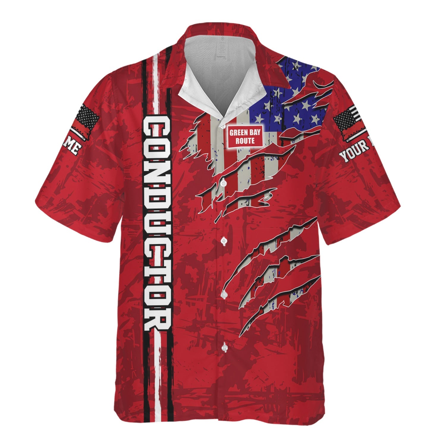 Railspirit Personalized Green Bay & Western Railroad Hawaiian Shirt USA Flag Claw Art with Custom Job Train Shirt