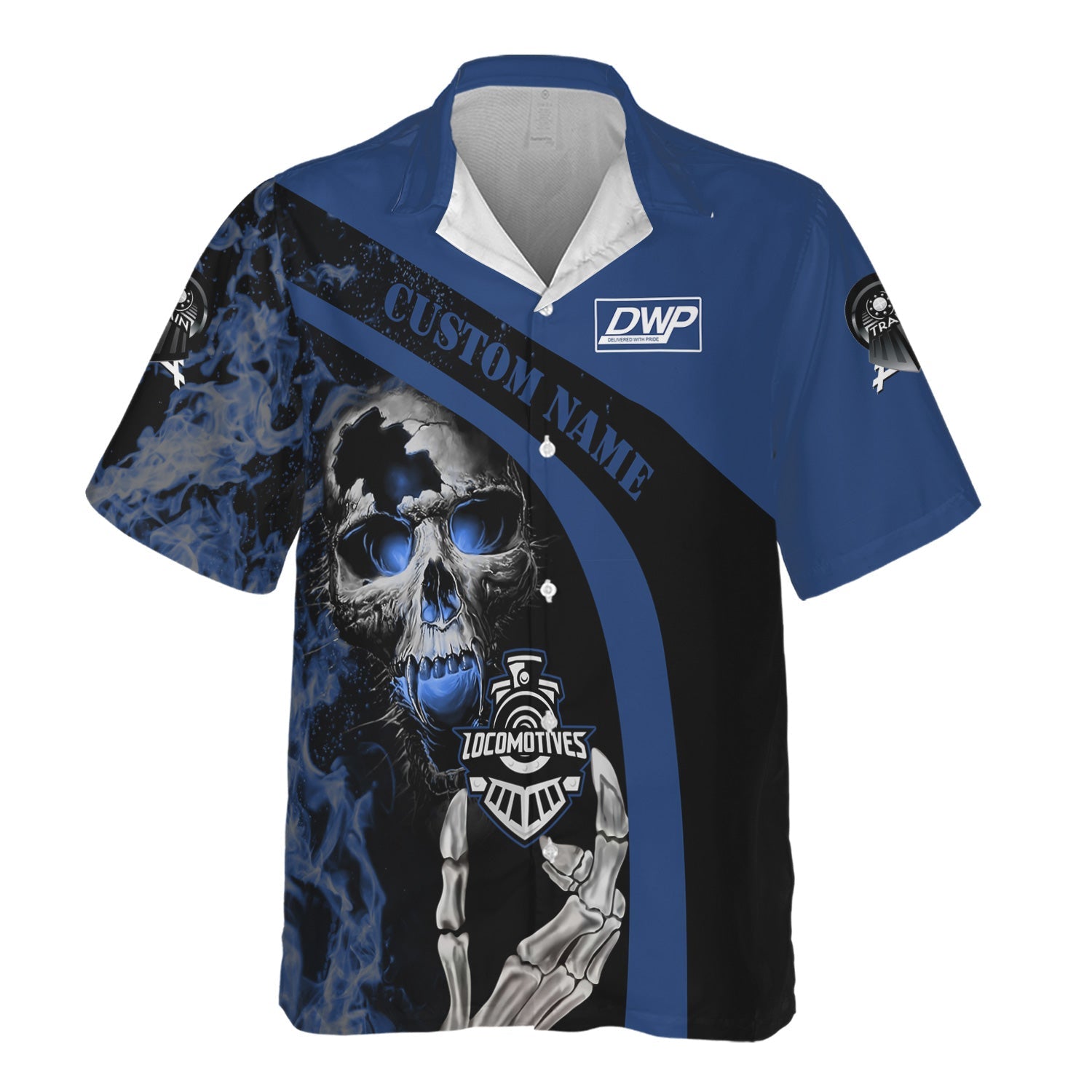 Railspirit Personalized Duluth, Winnipeg and Pacific Railway Hawaiian Shirt Flame Skull Design Train Shirt for Locomotive Fans